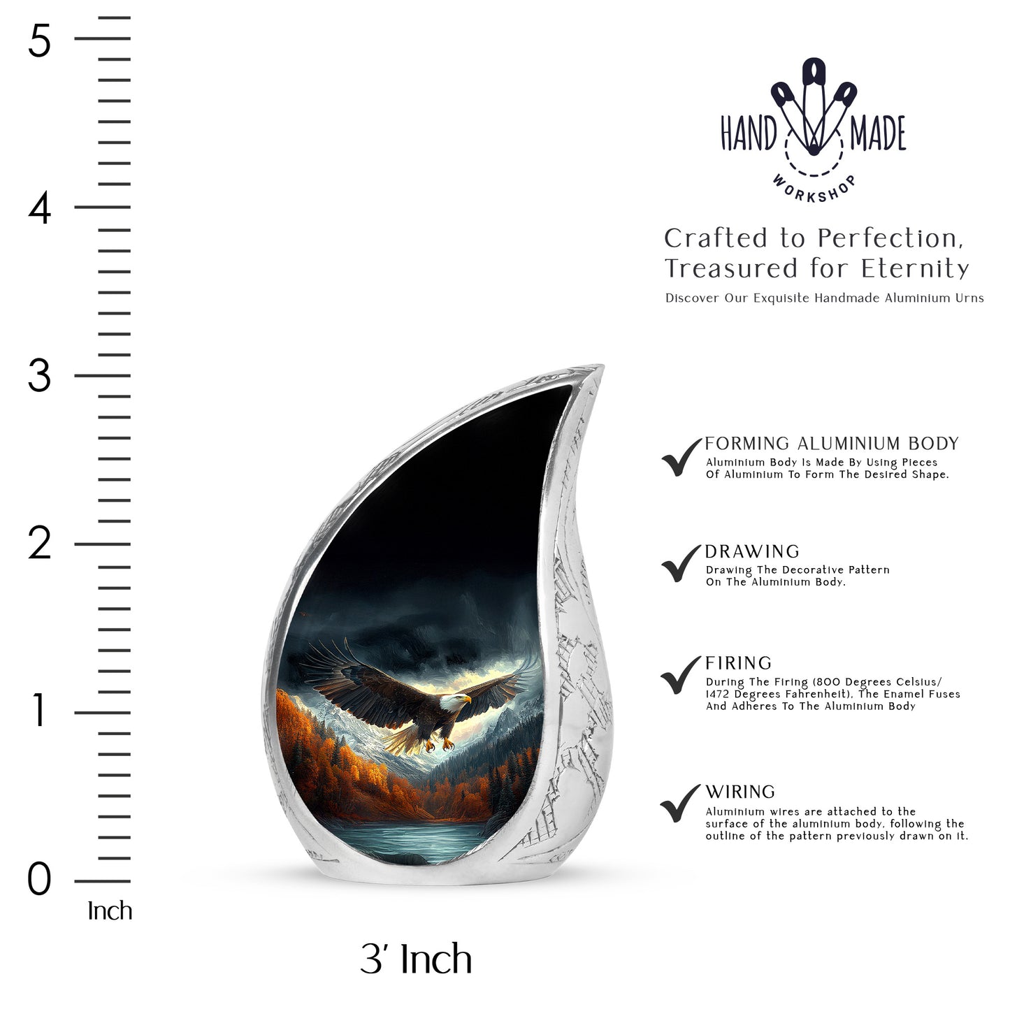 Ebony Eagle Cremation Urn angled view of lid and engraved motif - rounded teardrop eagle design with delicate detail - mini keepsake memorial for portion of cremation ashes