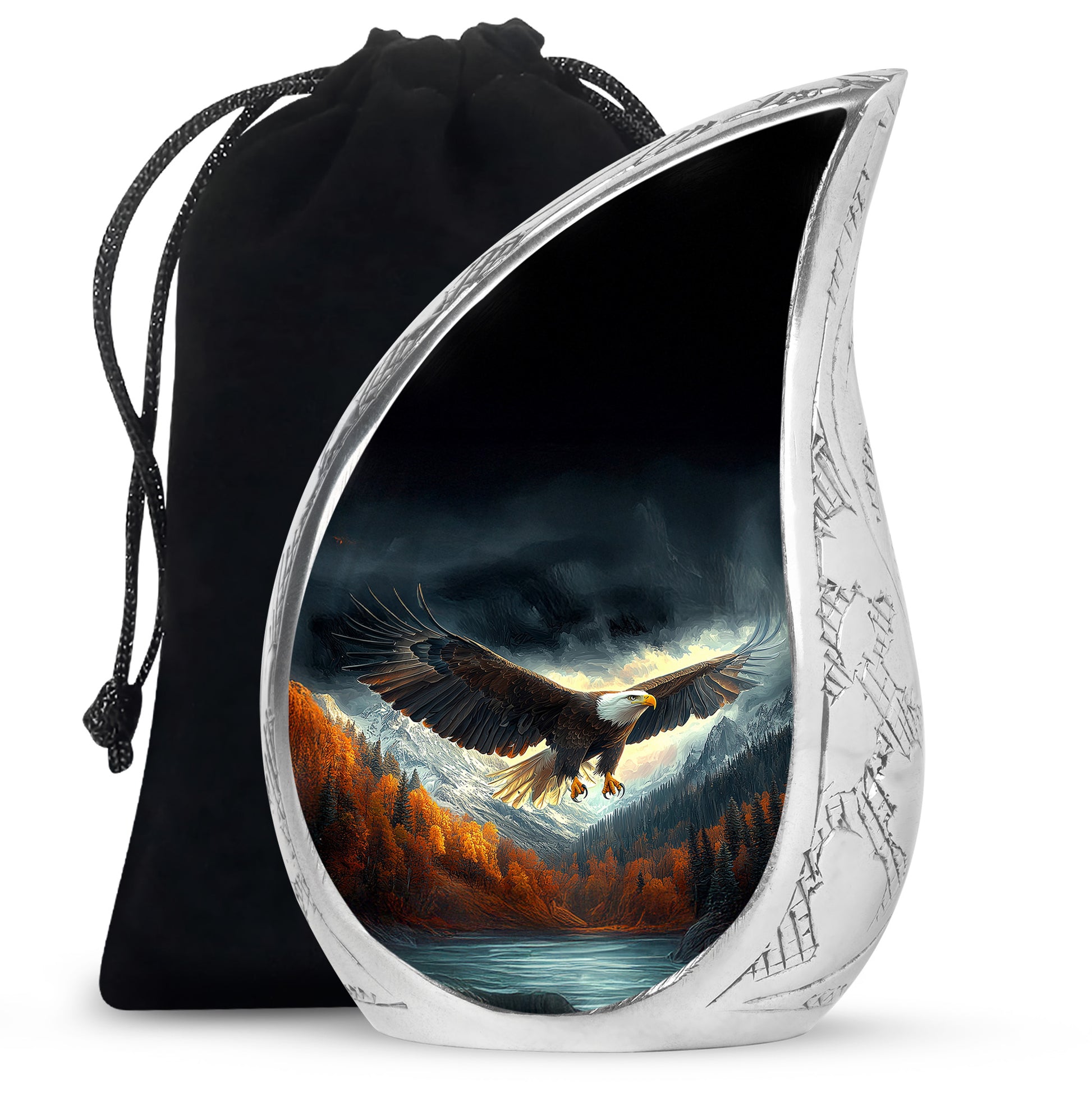Dark Black Eagle Cremation Urn front view showing detailed design - smooth teardrop contour featuring eagle art - full-size 10 inch 200 cubic inch adult cremation urn