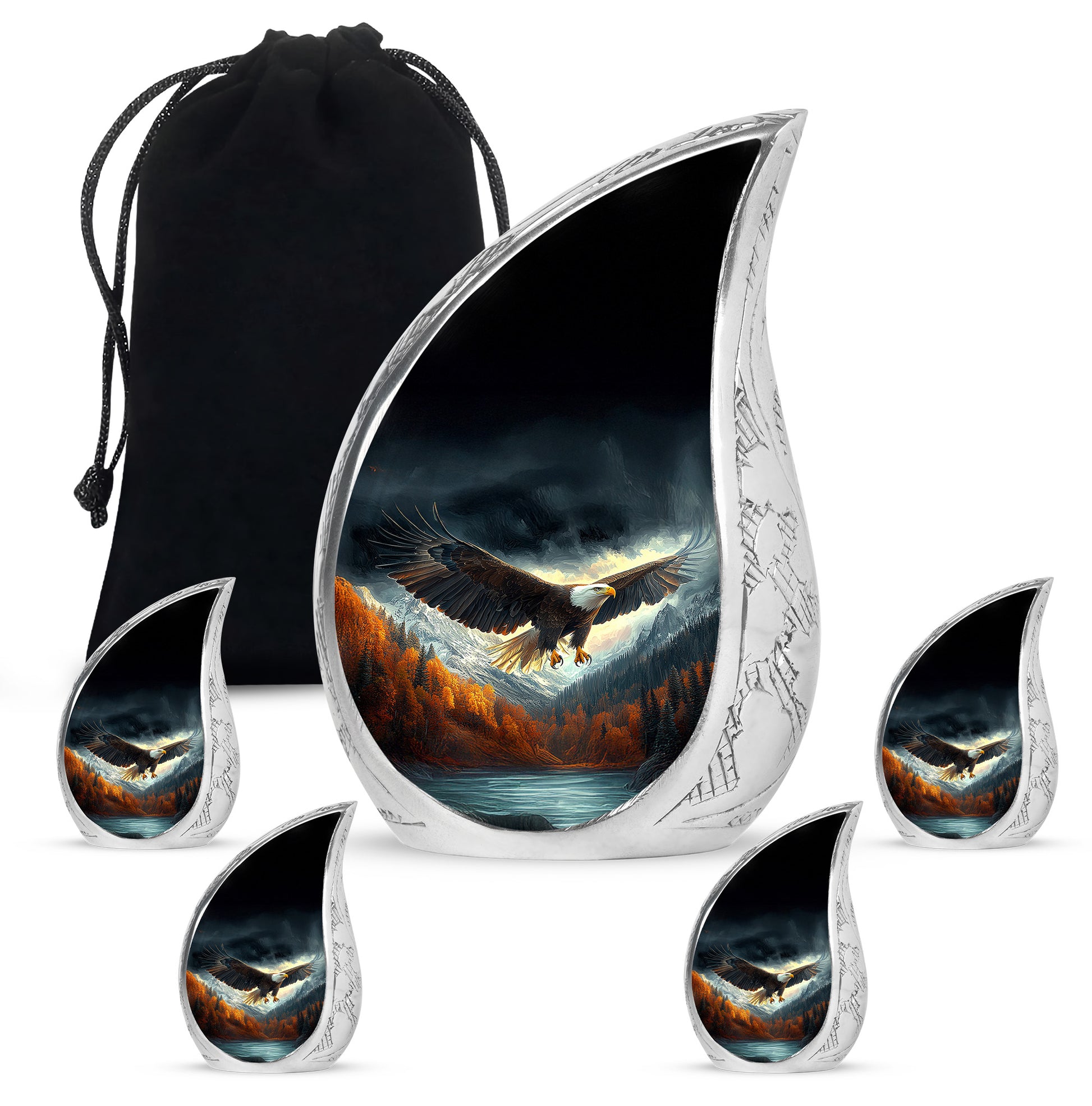 Dark Black Eagle Cremation Urn side profile showing urn shape - smooth teardrop contour featuring eagle art - memorial set with one large and four small urns