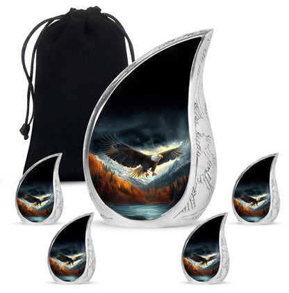 Dark Black Eagle Cremation Urn side profile showing urn shape - smooth teardrop contour featuring eagle art - memorial set with one large and four small urns