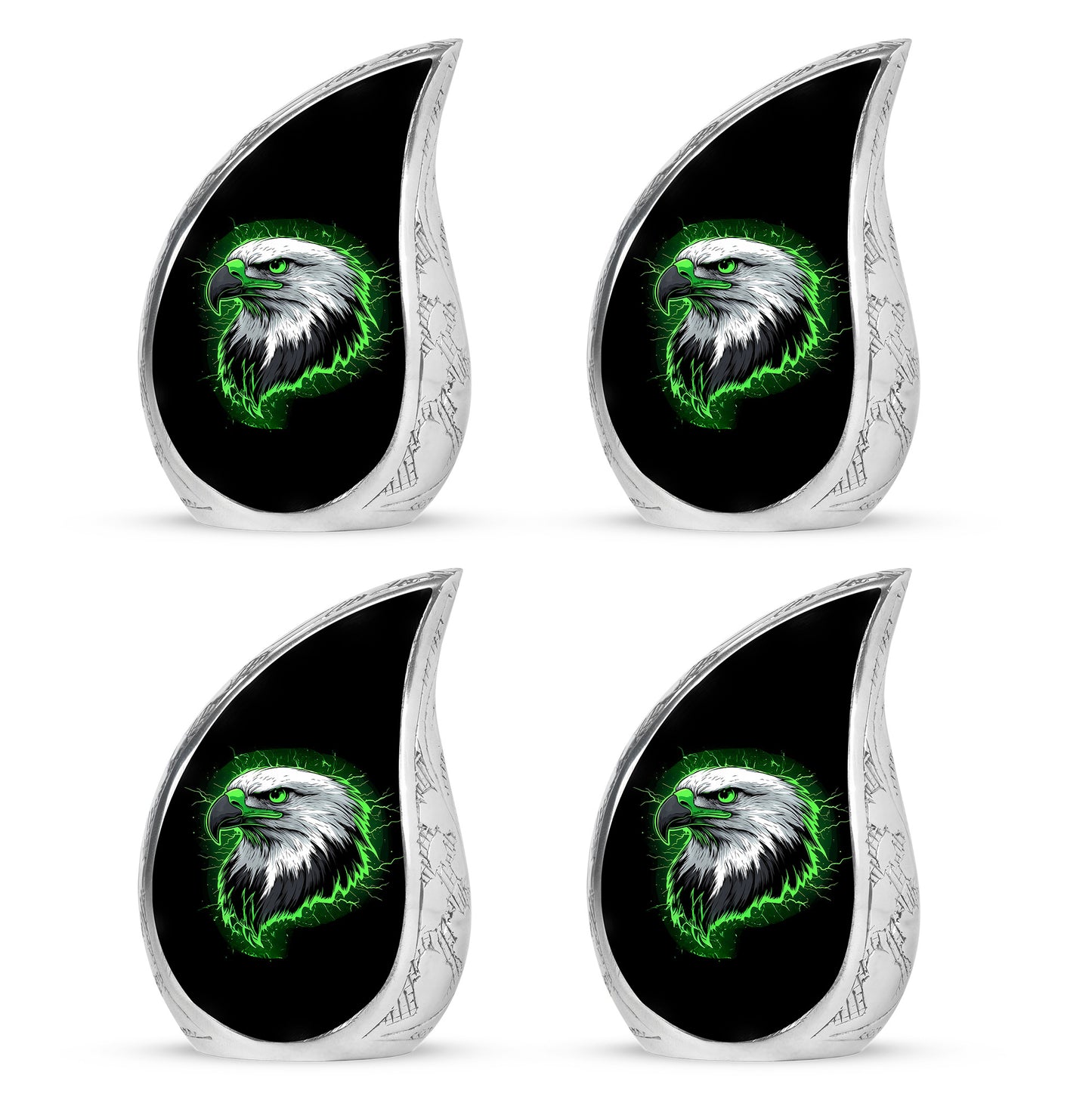 Midnight Black Eagle Cremation Urn close-up of engraving and surface detail - smooth teardrop contour featuring eagle art - 10 inch aluminum urn for cremated remains
