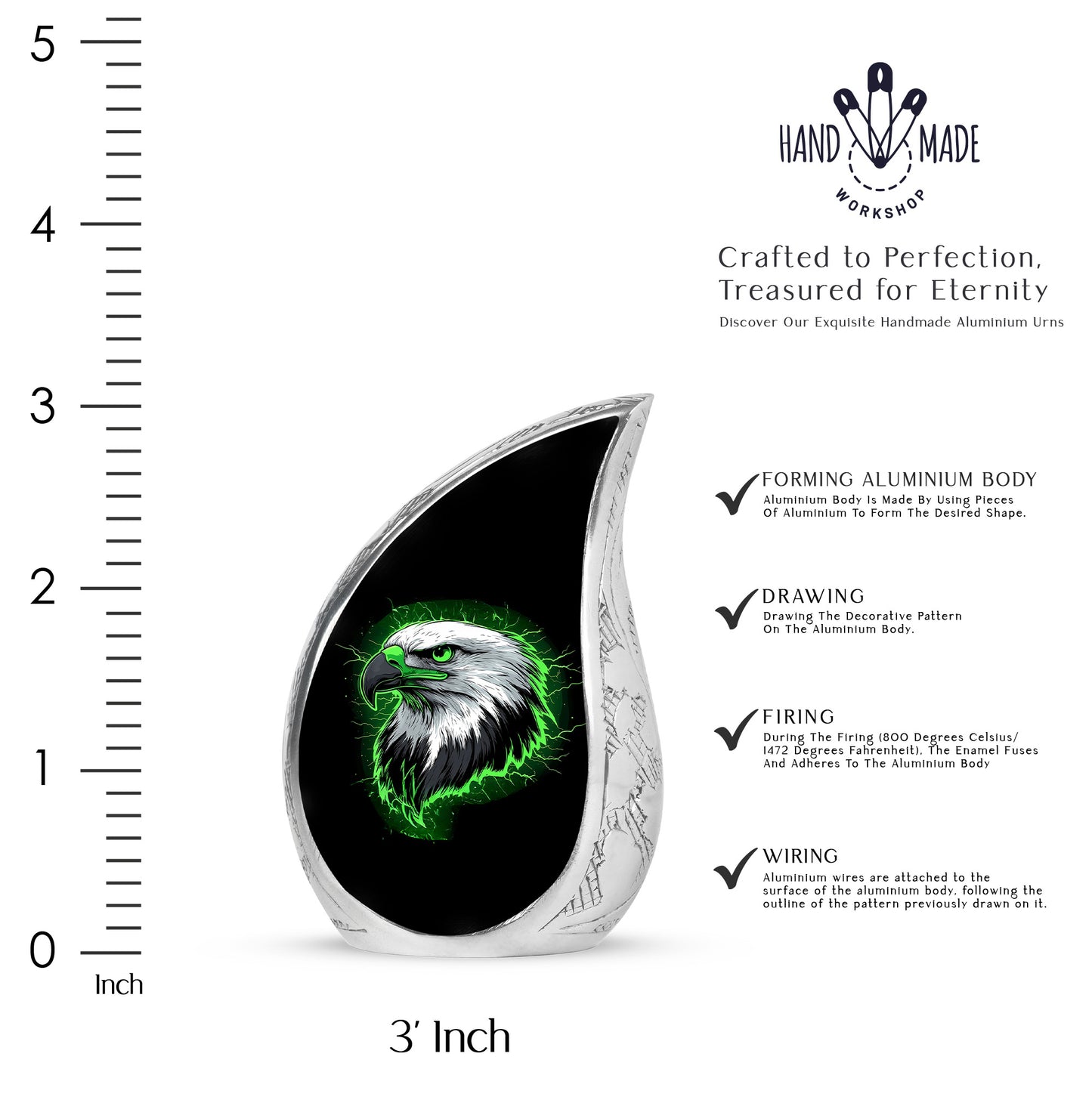 Rich Black Eagle Cremation Urn angled view of lid and engraved motif - flowing teardrop eagle silhouette on curved aluminum - mini keepsake memorial for portion of cremation ashes