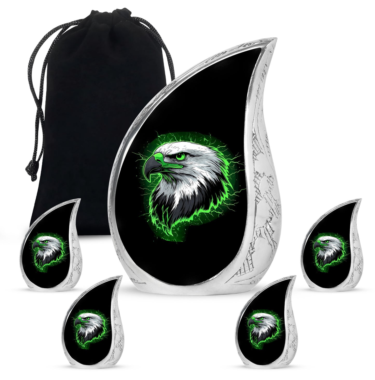 Charcoal Black Eagle Cremation Urn side profile showing urn shape - graceful tear-shaped urn with eagle motif - memorial set with one large and four small urns