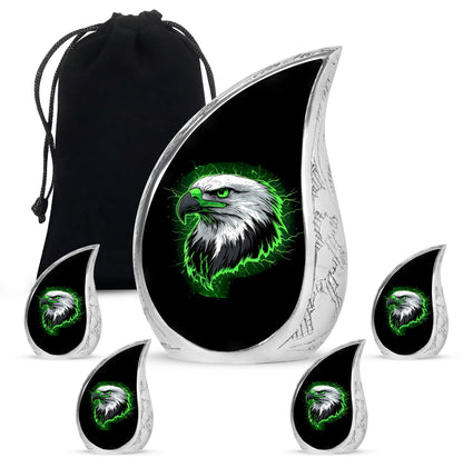 Charcoal Black Eagle Cremation Urn side profile showing urn shape - graceful tear-shaped urn with eagle motif - memorial set with one large and four small urns