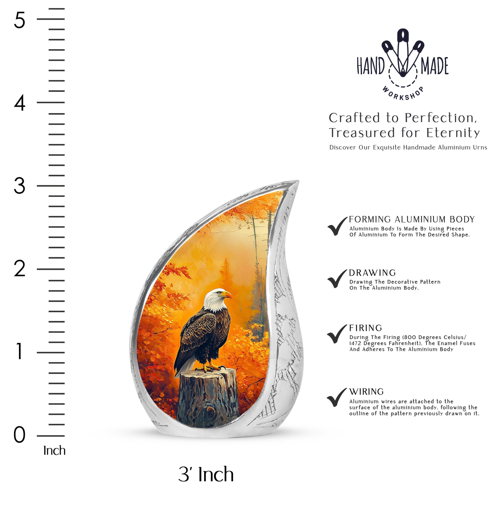 Champagne Gold Eagle Cremation Urn angled view of lid and engraved motif - flowing teardrop eagle silhouette on curved aluminum - mini keepsake memorial for portion of cremation ashes