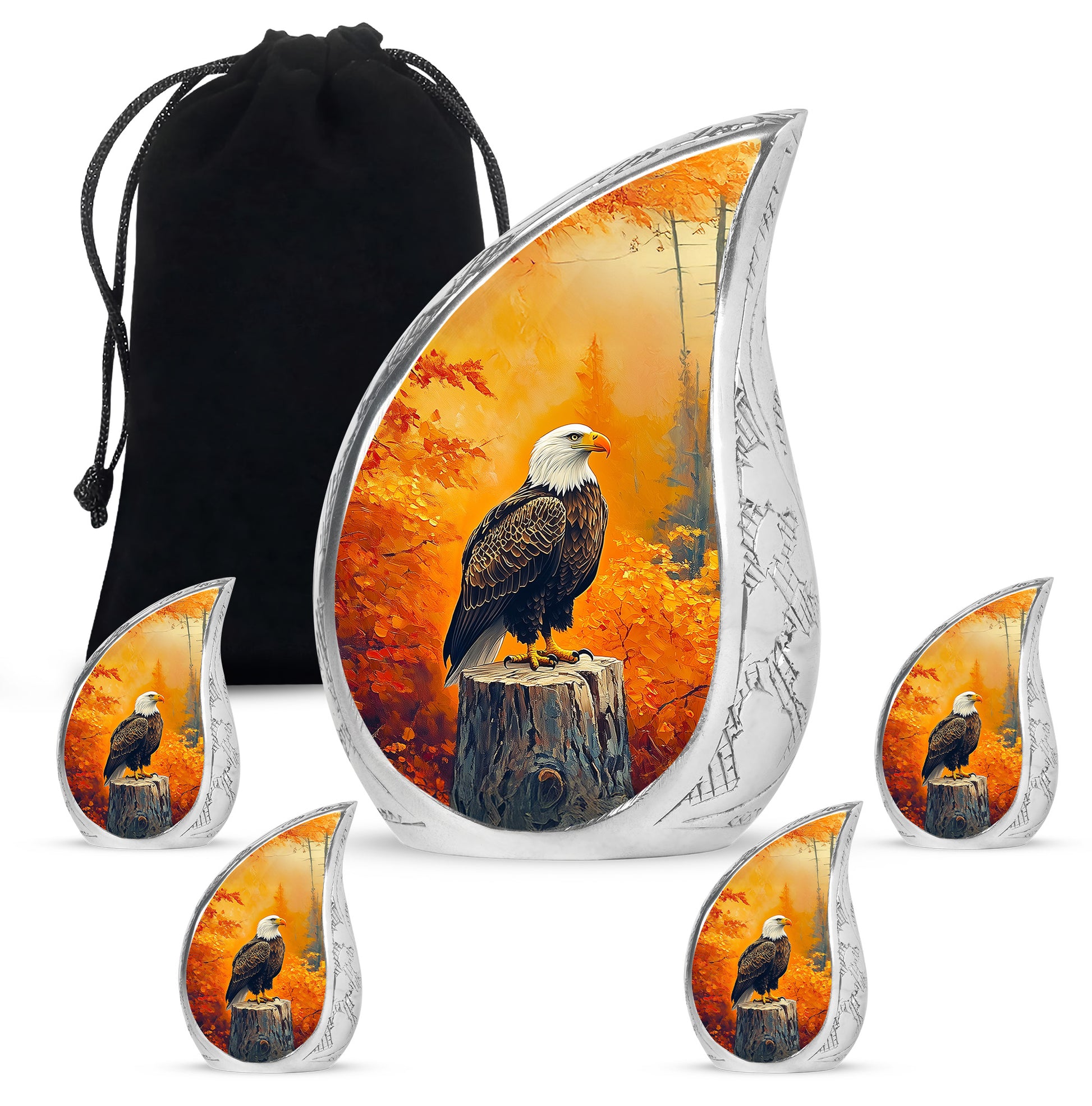 Amber Gold Eagle Cremation Urn side profile showing urn shape - rounded teardrop eagle design with delicate detail - memorial set with one large and four small urns