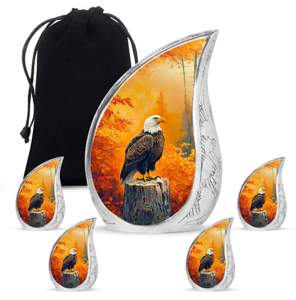 Amber Gold Eagle Cremation Urn side profile showing urn shape - rounded teardrop eagle design with delicate detail - memorial set with one large and four small urns