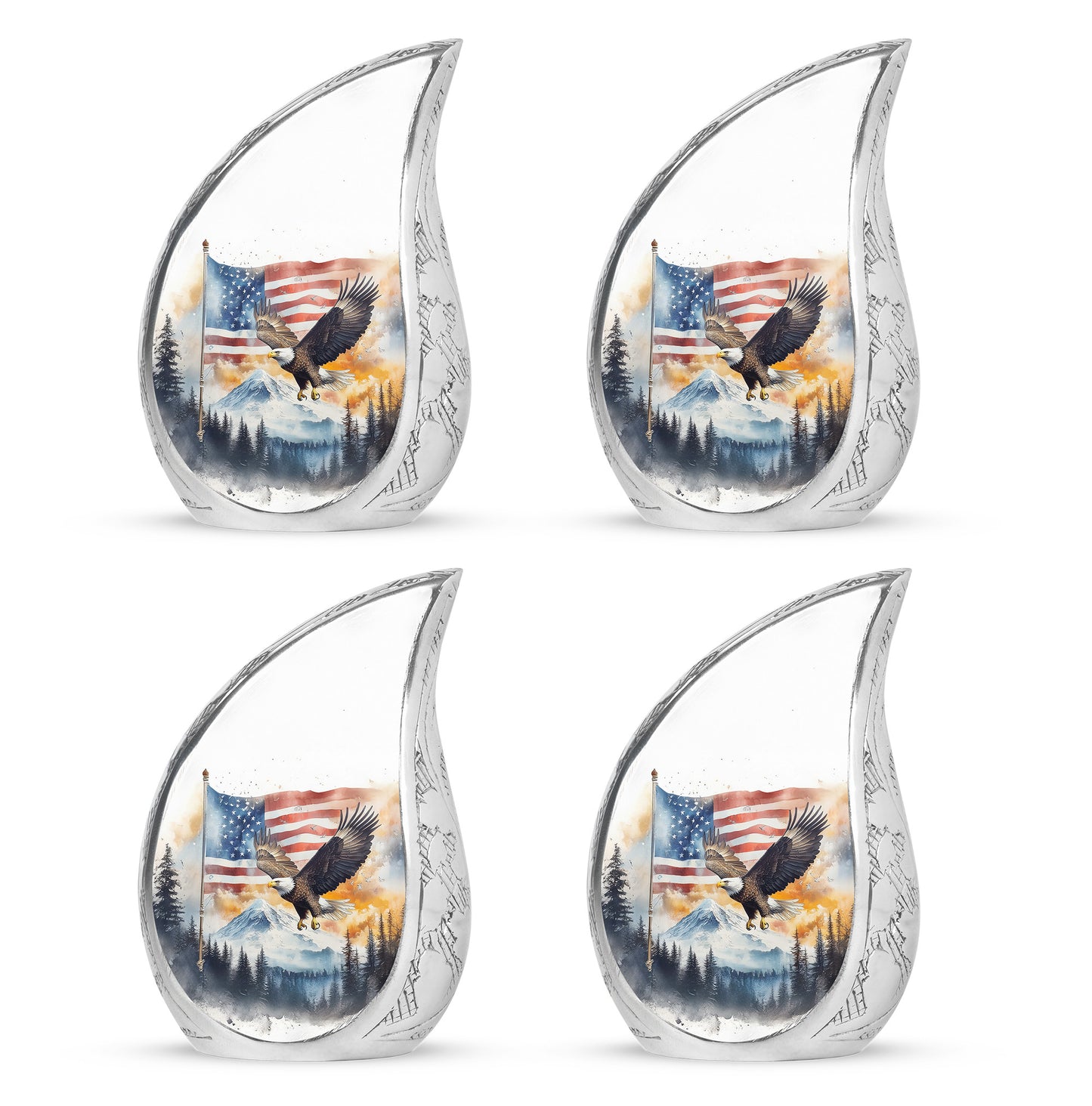 Gleaming Silver Eagle Cremation Urn close-up of engraving and surface detail - rounded teardrop eagle design with delicate detail - 10 inch aluminum urn for cremated remains
