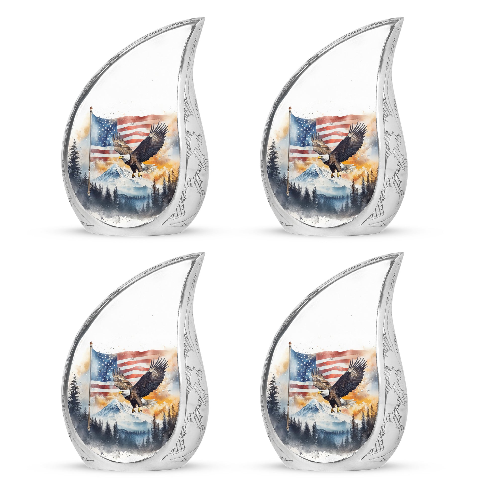 Gleaming Silver Eagle Cremation Urn close-up of engraving and surface detail - rounded teardrop eagle design with delicate detail - 10 inch aluminum urn for cremated remains