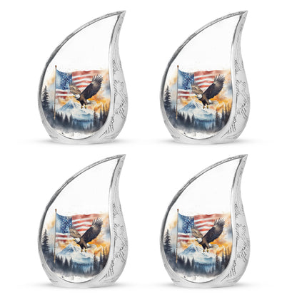 Gleaming Silver Eagle Cremation Urn close-up of engraving and surface detail - rounded teardrop eagle design with delicate detail - 10 inch aluminum urn for cremated remains