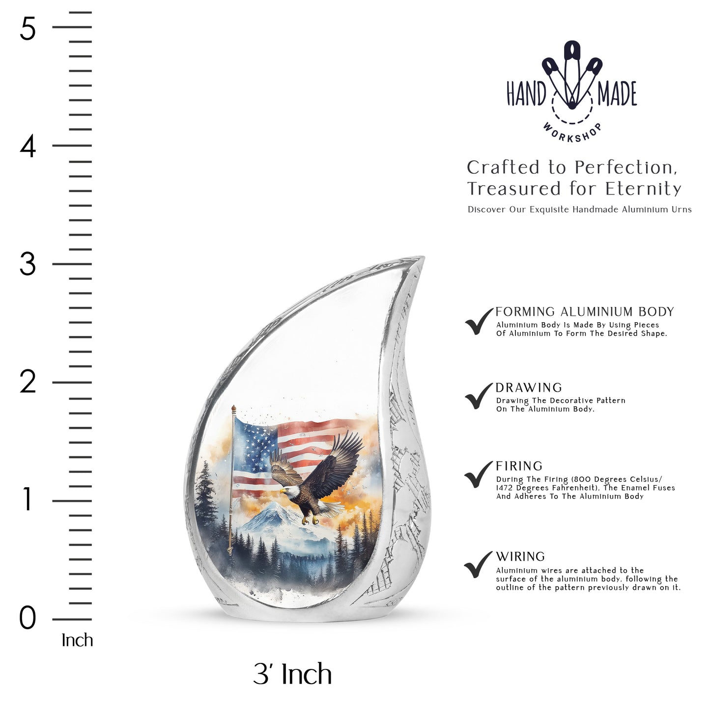 Sterling Silver Eagle Cremation Urn angled view of lid and engraved motif - rounded teardrop eagle design with delicate detail - mini keepsake memorial for portion of cremation ashes
