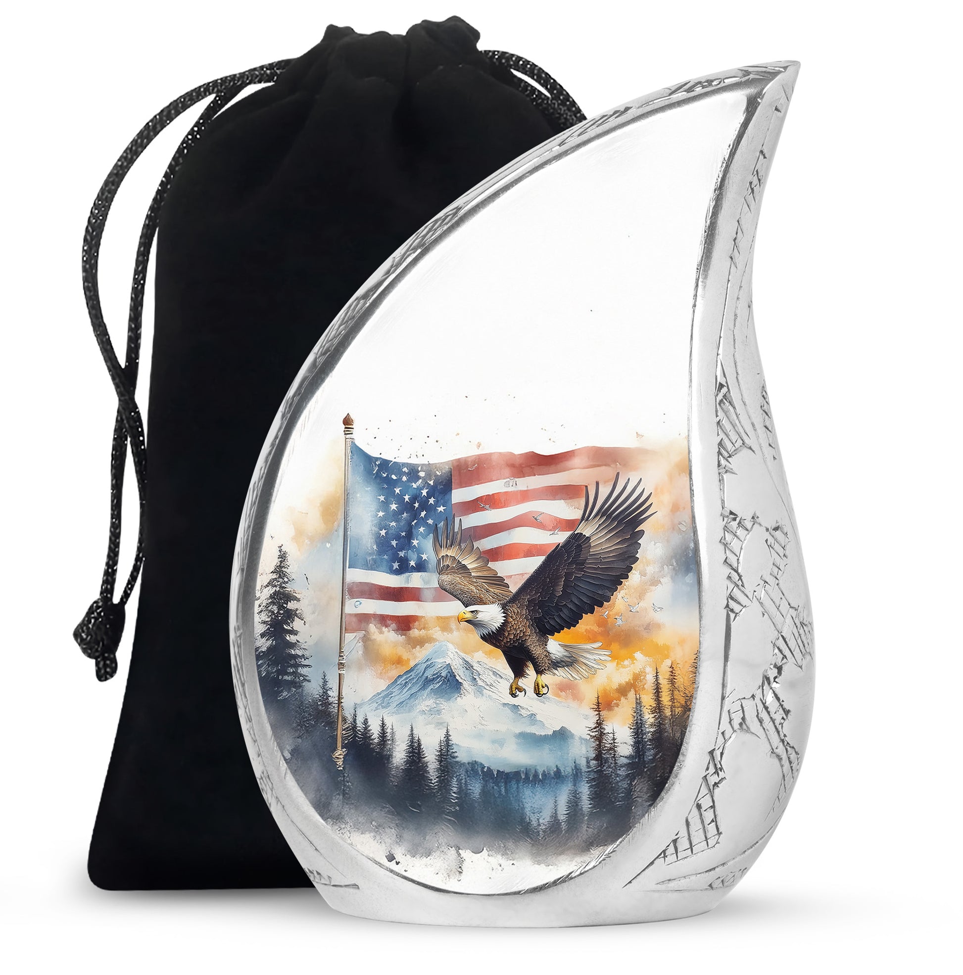 Gleaming Silver Eagle Cremation Urn front view showing detailed design - flowing teardrop eagle silhouette on curved aluminum - full-size 10 inch 200 cubic inch adult cremation urn