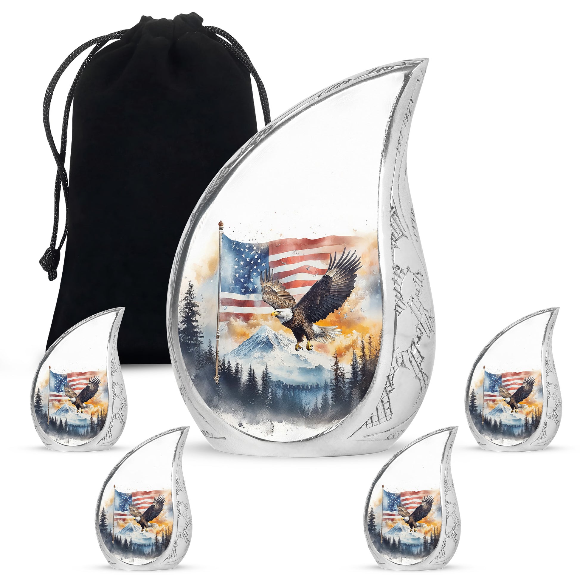 Gleaming Silver Eagle Cremation Urn side profile showing urn shape - flowing teardrop eagle silhouette on curved aluminum - memorial set with one large and four small urns
