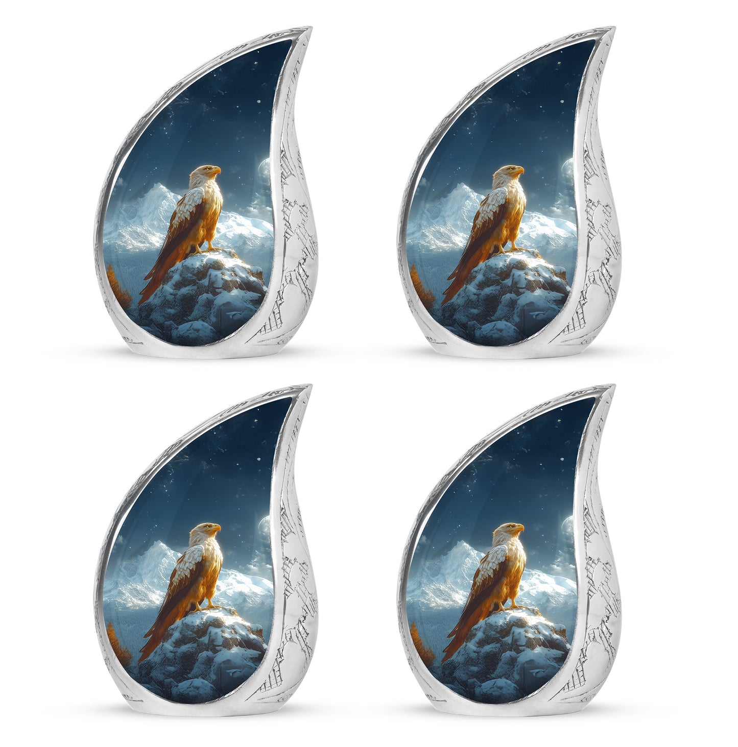 Powder Blue Eagle Cremation Urn close-up of engraving and surface detail - flowing teardrop eagle silhouette on curved aluminum - 10 inch aluminum urn for cremated remains