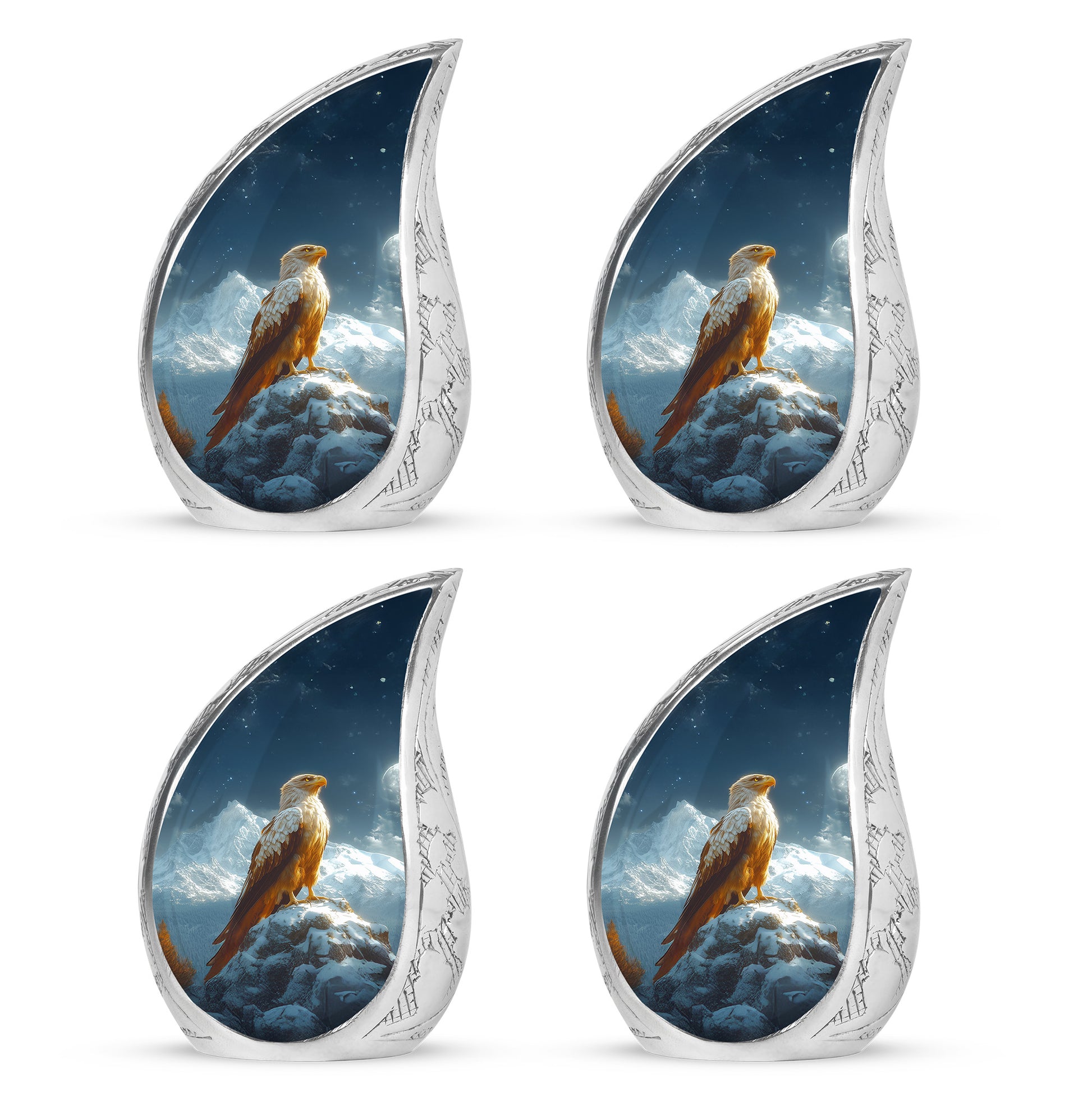 Powder Blue Eagle Cremation Urn close-up of engraving and surface detail - flowing teardrop eagle silhouette on curved aluminum - 10 inch aluminum urn for cremated remains
