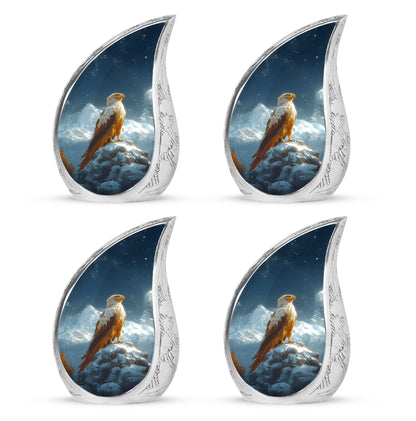 Powder Blue Eagle Cremation Urn close-up of engraving and surface detail - flowing teardrop eagle silhouette on curved aluminum - 10 inch aluminum urn for cremated remains