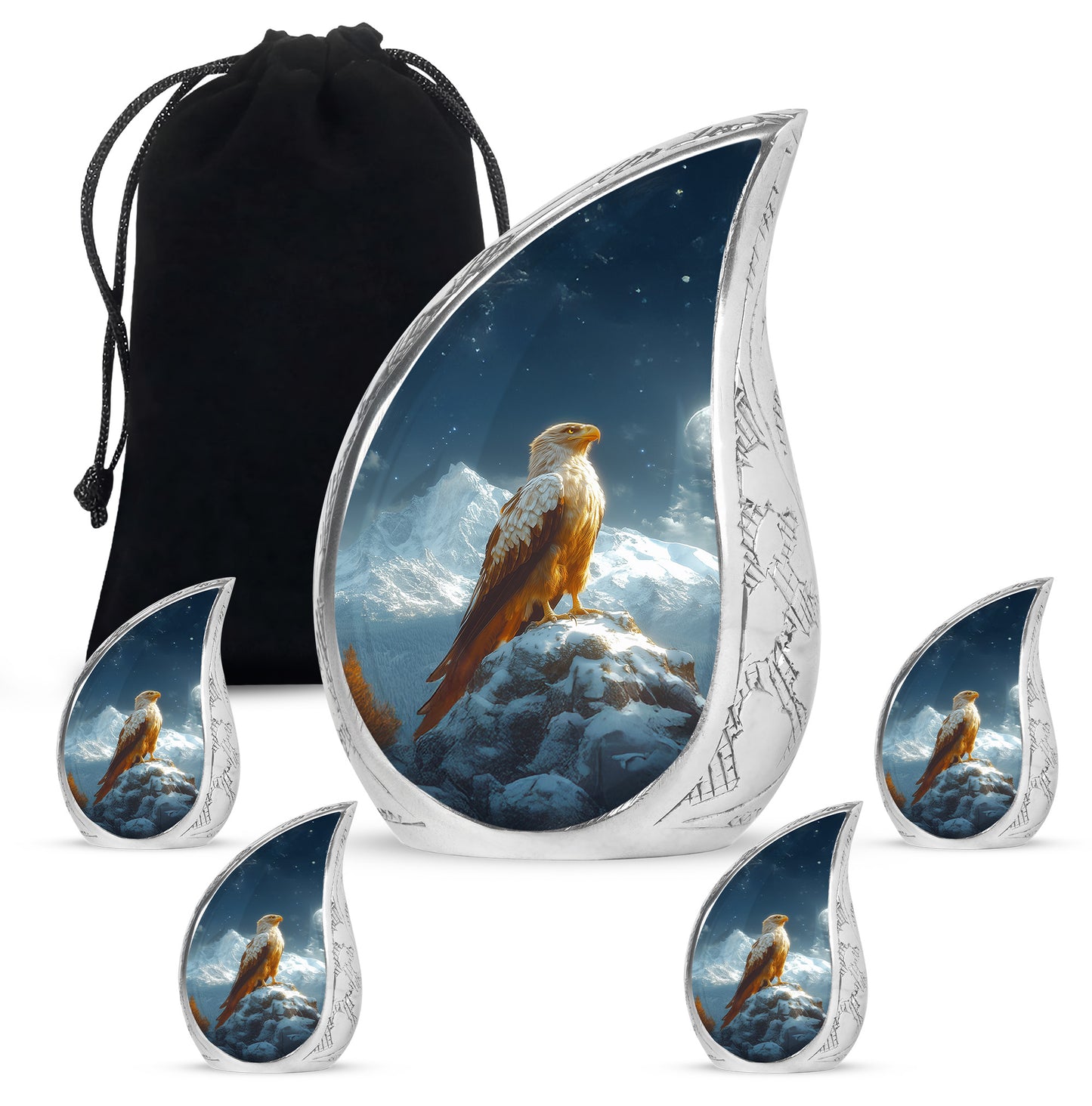 Indigo Eagle Cremation Urn side profile showing urn shape - rounded teardrop eagle design with delicate detail - memorial set with one large and four small urns