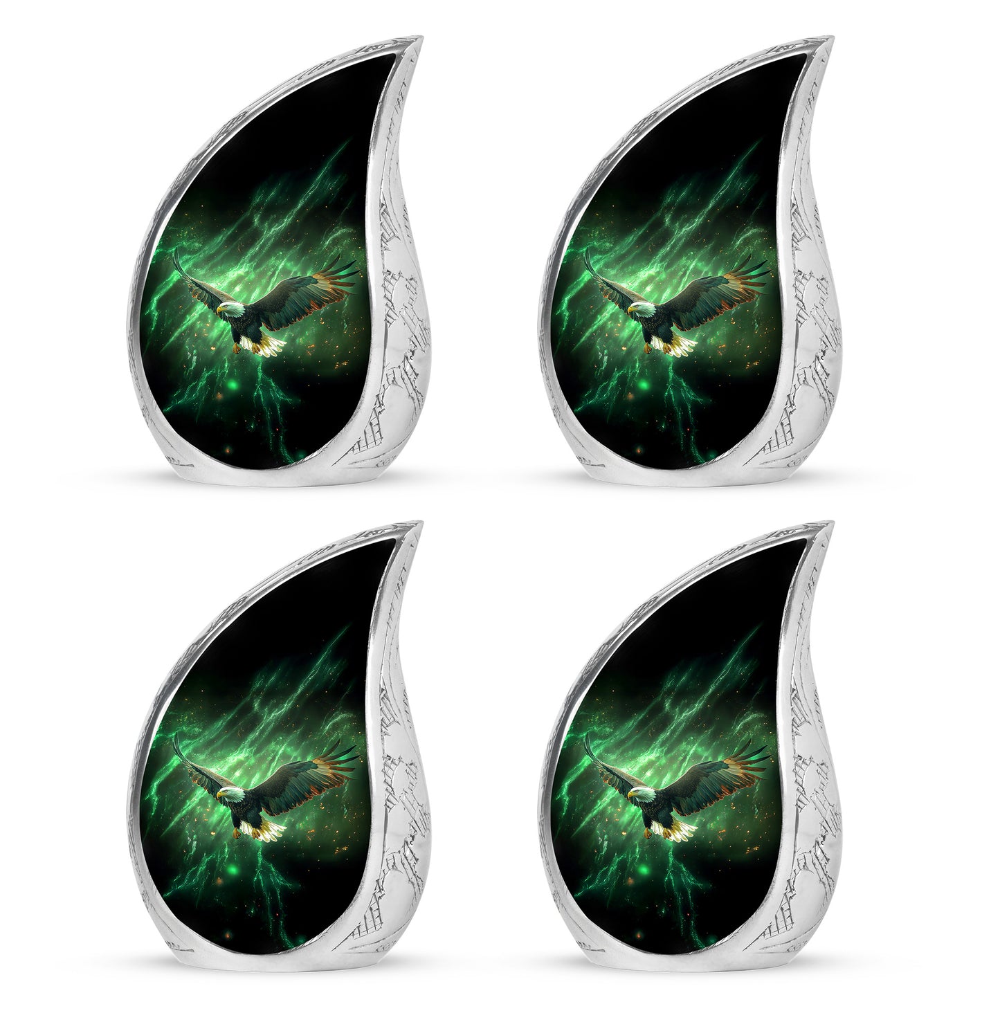 Pine Green Eagle Cremation Urn close-up of engraving and surface detail - smooth teardrop contour featuring eagle art - 10 inch aluminum urn for cremated remains