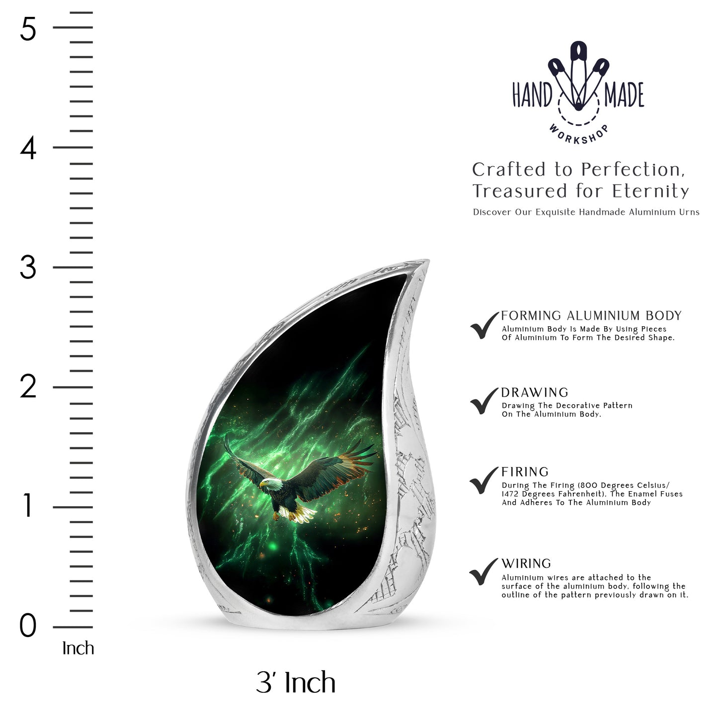 Pine Green Eagle Cremation Urn angled view of lid and engraved motif - graceful tear-shaped urn with eagle motif - mini keepsake memorial for portion of cremation ashes