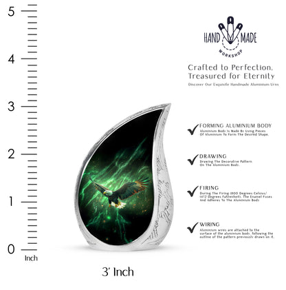 Pine Green Eagle Cremation Urn angled view of lid and engraved motif - graceful tear-shaped urn with eagle motif - mini keepsake memorial for portion of cremation ashes