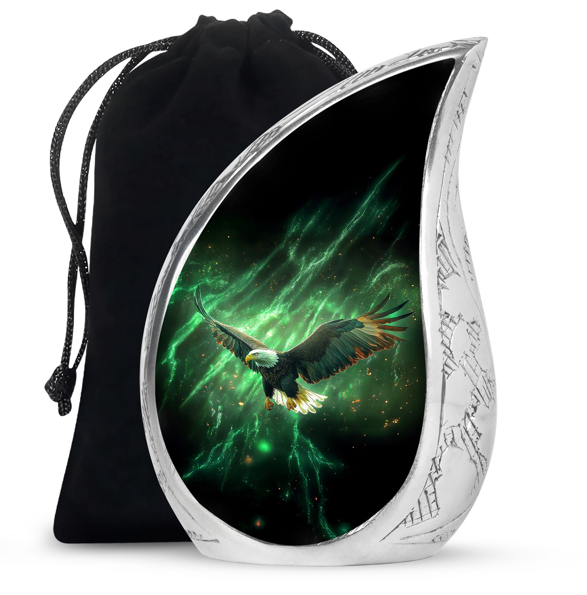 Hunter Green Eagle Cremation Urn front view showing detailed design - smooth teardrop contour featuring eagle art - full-size 10 inch 200 cubic inch adult cremation urn