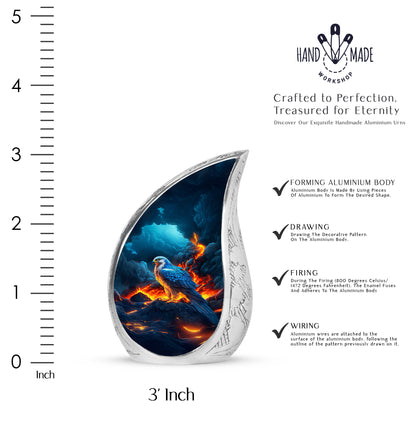 Twilight Blue Eagle Cremation Urn angled view of lid and engraved motif - smooth teardrop contour featuring eagle art - mini keepsake memorial for portion of cremation ashes