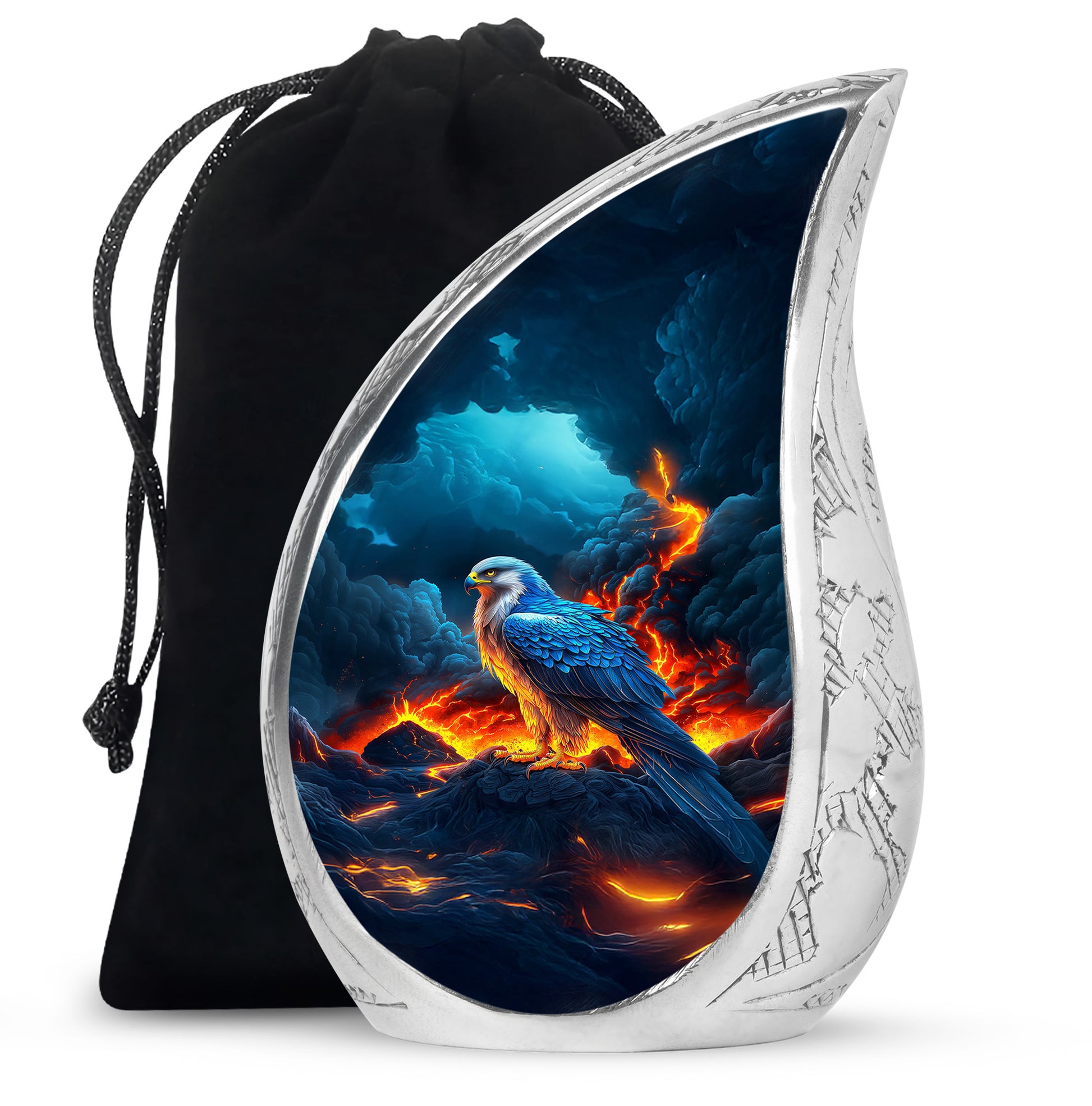 Misty Blue Eagle Cremation Urn front view showing detailed design - rounded teardrop eagle design with delicate detail - full-size 10 inch 200 cubic inch adult cremation urn