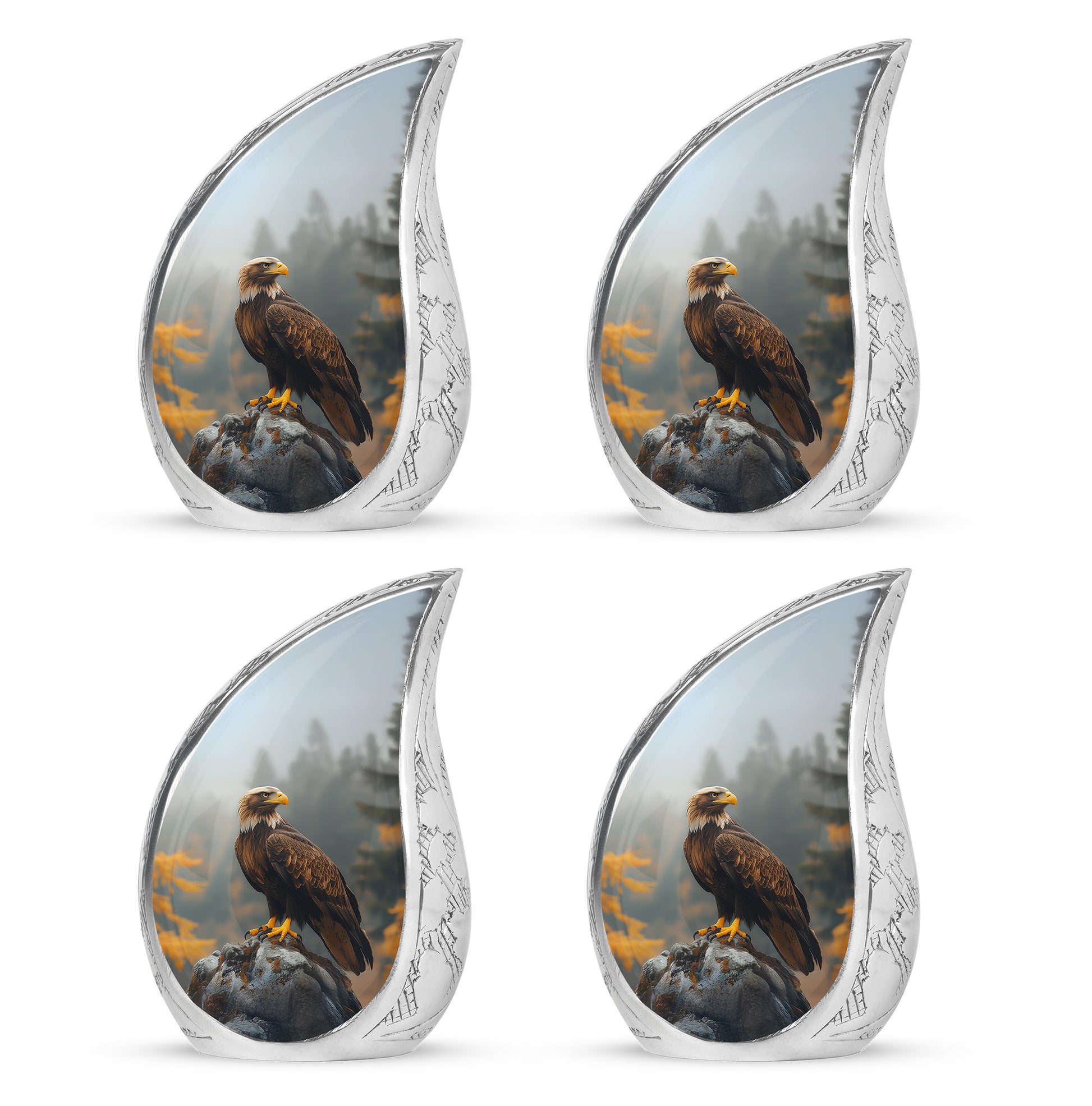 Jet Black Eagle Cremation Urn close-up of engraving and surface detail - flowing teardrop eagle silhouette on curved aluminum - 10 inch aluminum urn for cremated remains