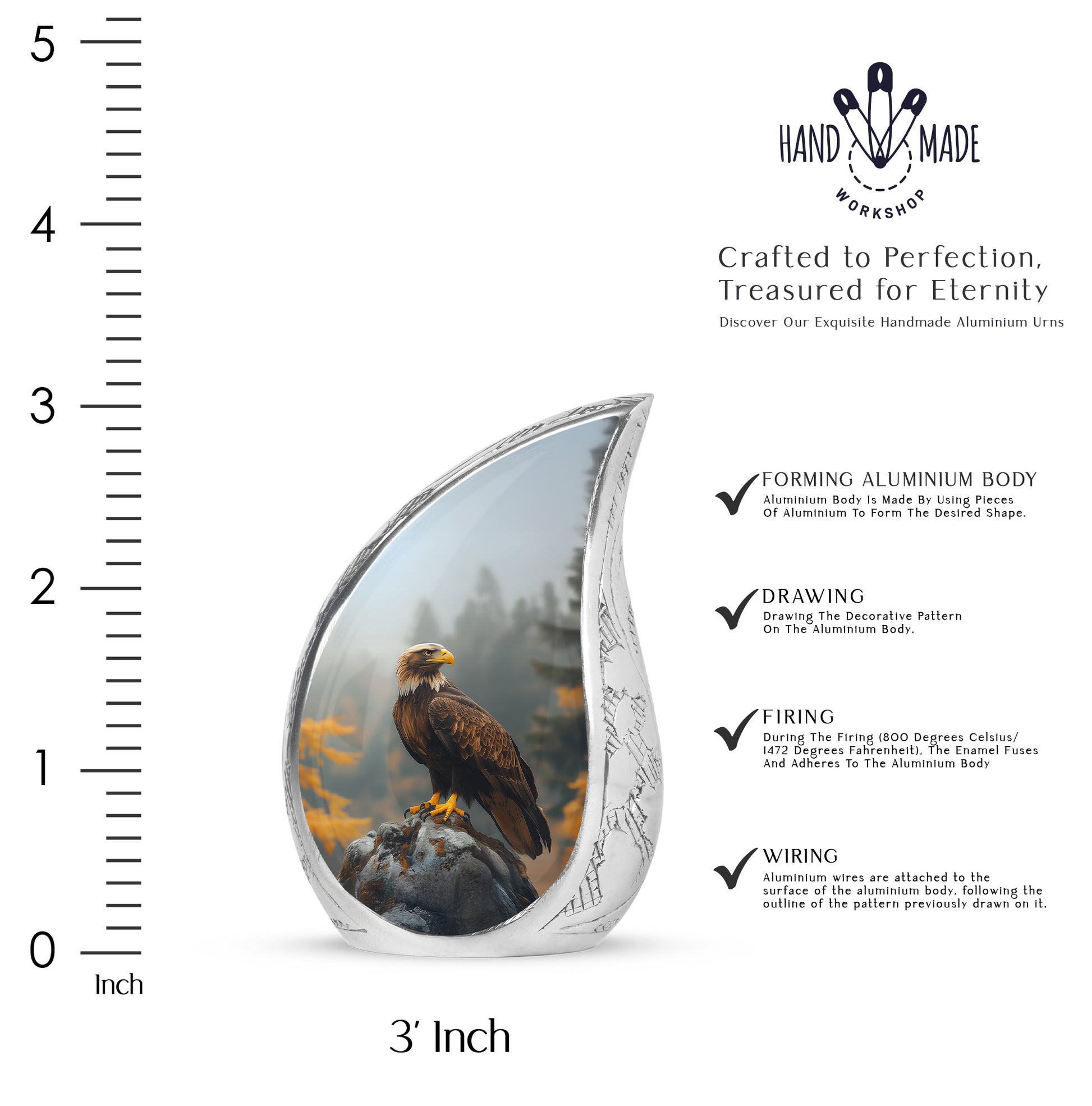 Glossy Black Eagle Cremation Urn angled view of lid and engraved motif - flowing teardrop eagle silhouette on curved aluminum - mini keepsake memorial for portion of cremation ashes