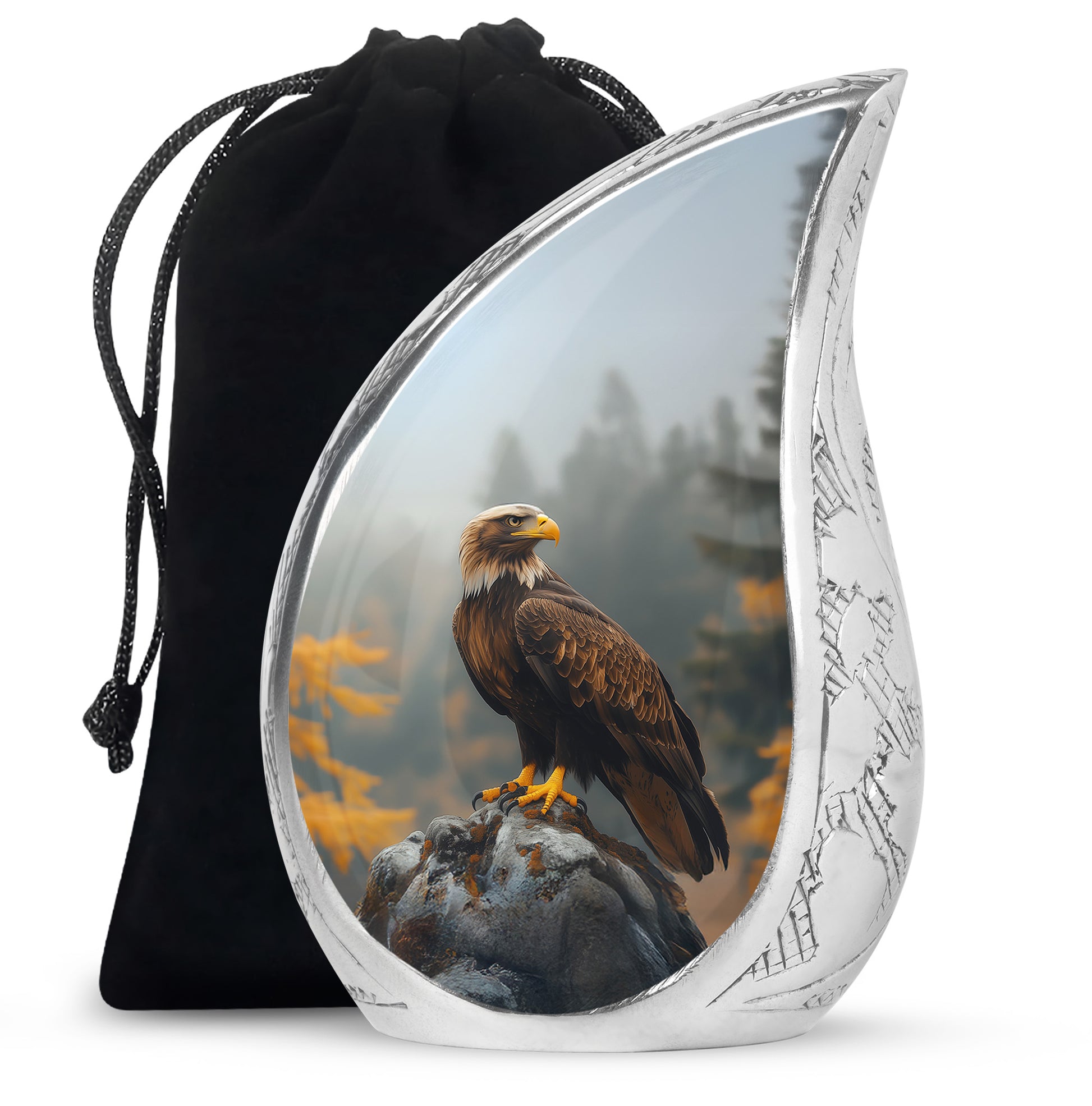 Jet Black Eagle Cremation Urn front view showing detailed design - flowing teardrop eagle silhouette on curved aluminum - full-size 10 inch 200 cubic inch adult cremation urn