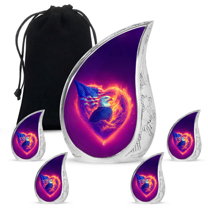 Rose Pink Eagle Cremation Urn side profile showing urn shape - flowing teardrop eagle silhouette on curved aluminum - memorial set with one large and four small urns