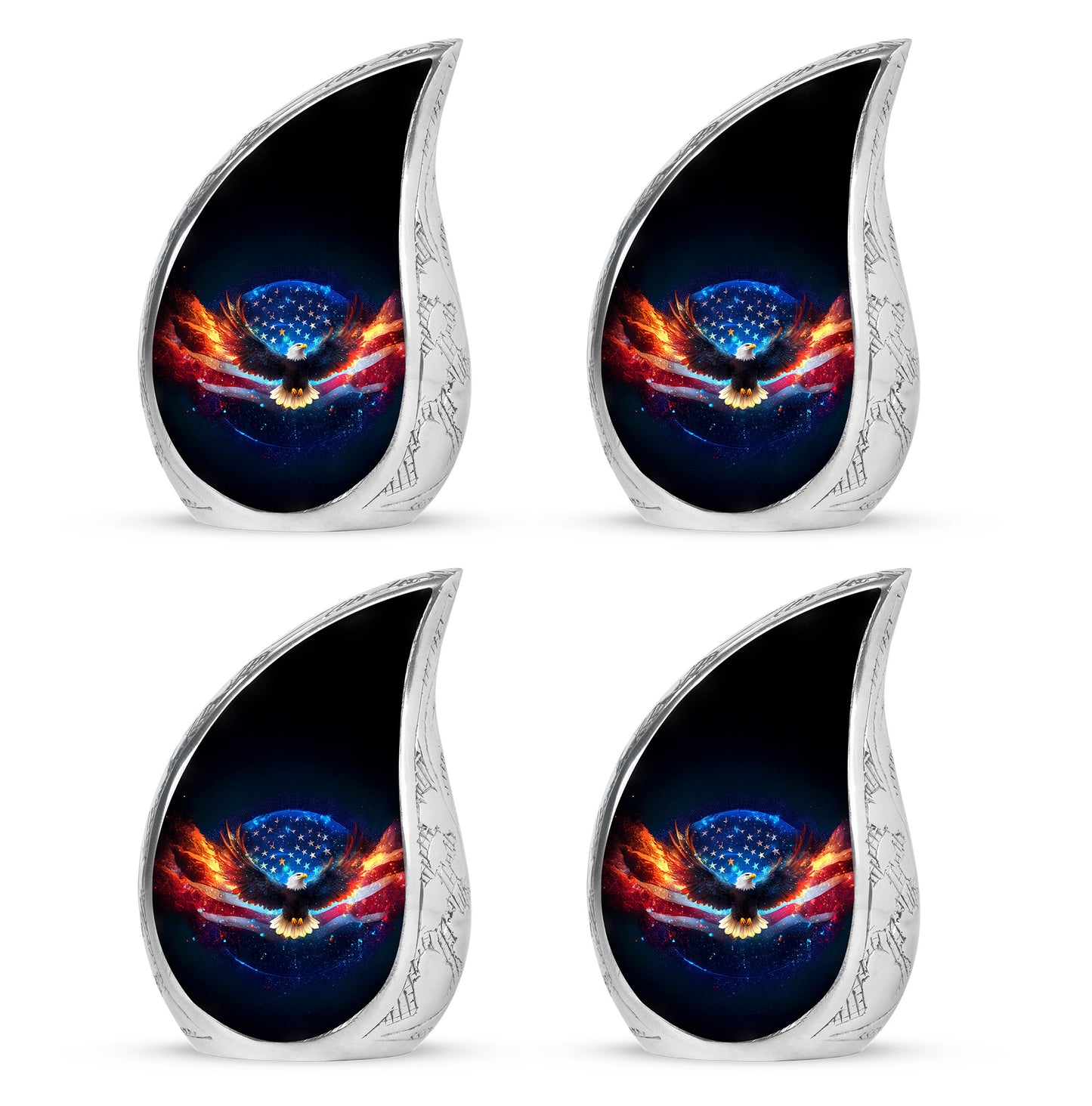 Rich Black Eagle Cremation Urn close-up of engraving and surface detail - rounded teardrop eagle design with delicate detail - 10 inch aluminum urn for cremated remains