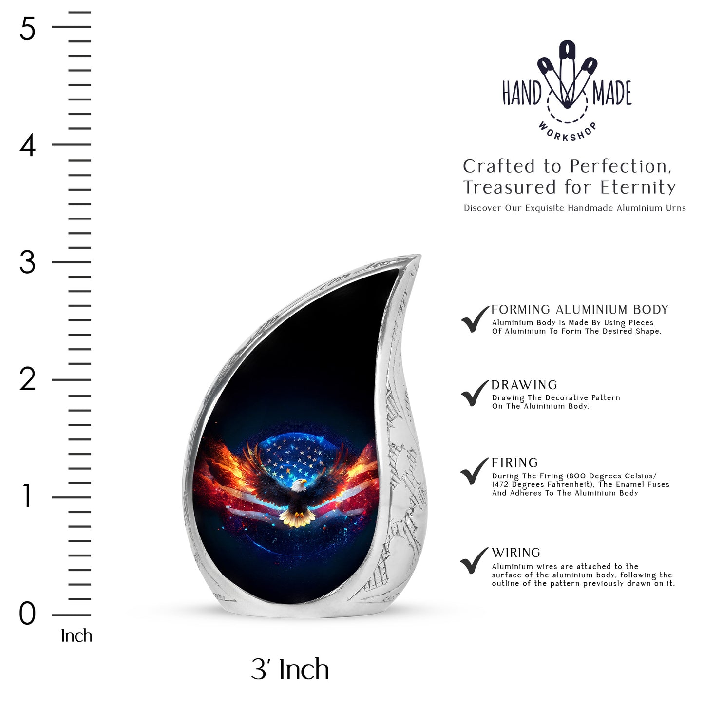 Onyx Black Eagle Cremation Urn angled view of lid and engraved motif - smooth teardrop contour featuring eagle art - mini keepsake memorial for portion of cremation ashes