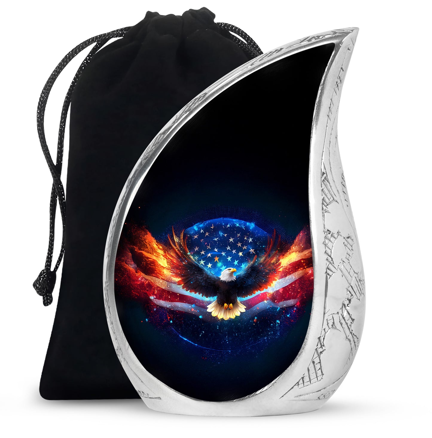 Midnight Black Eagle Cremation Urn front view showing detailed design - smooth teardrop contour featuring eagle art - full-size 10 inch 200 cubic inch adult cremation urn