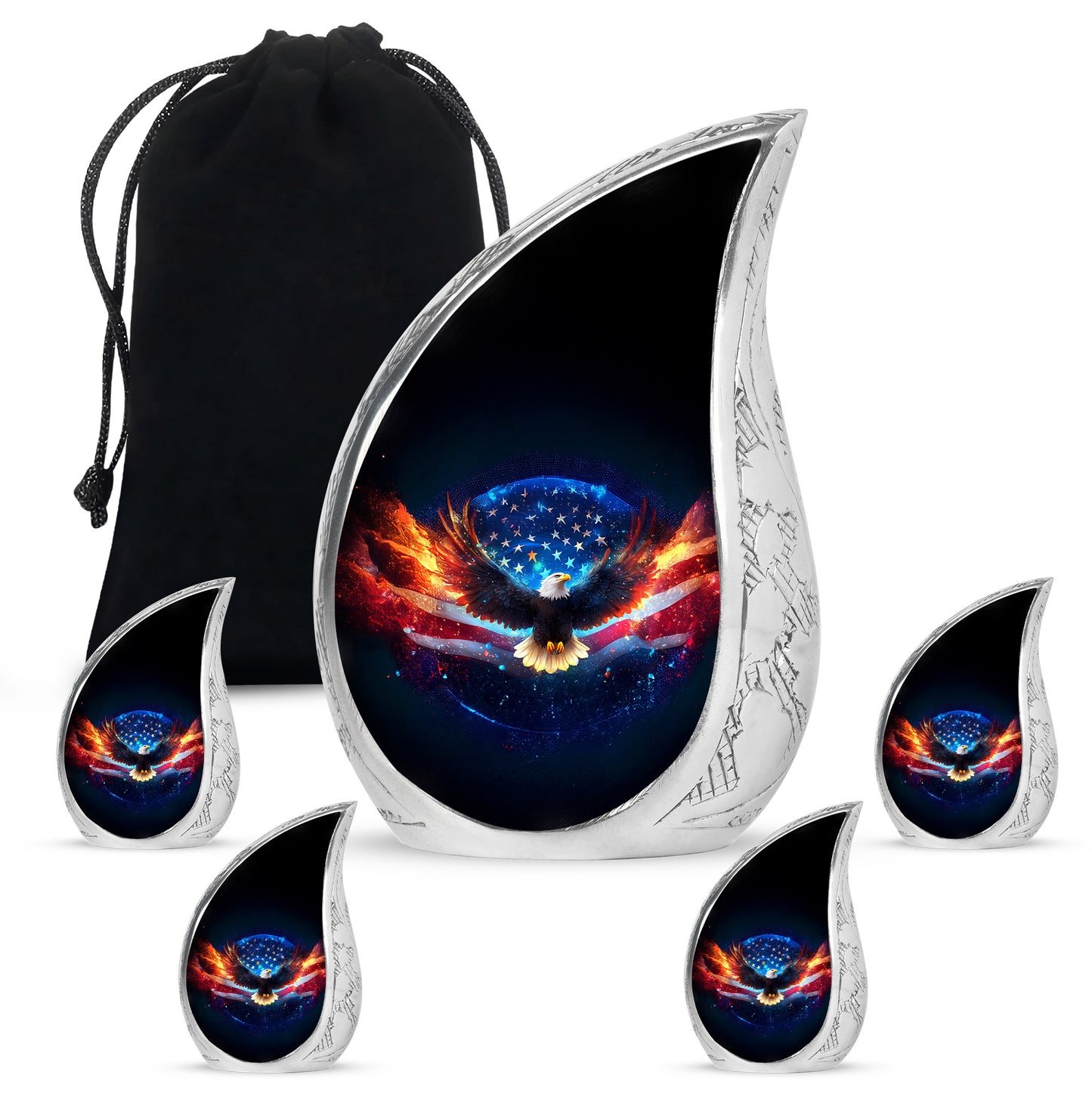 Dark Black Eagle Cremation Urn side profile showing urn shape - smooth teardrop contour featuring eagle art - memorial set with one large and four small urns