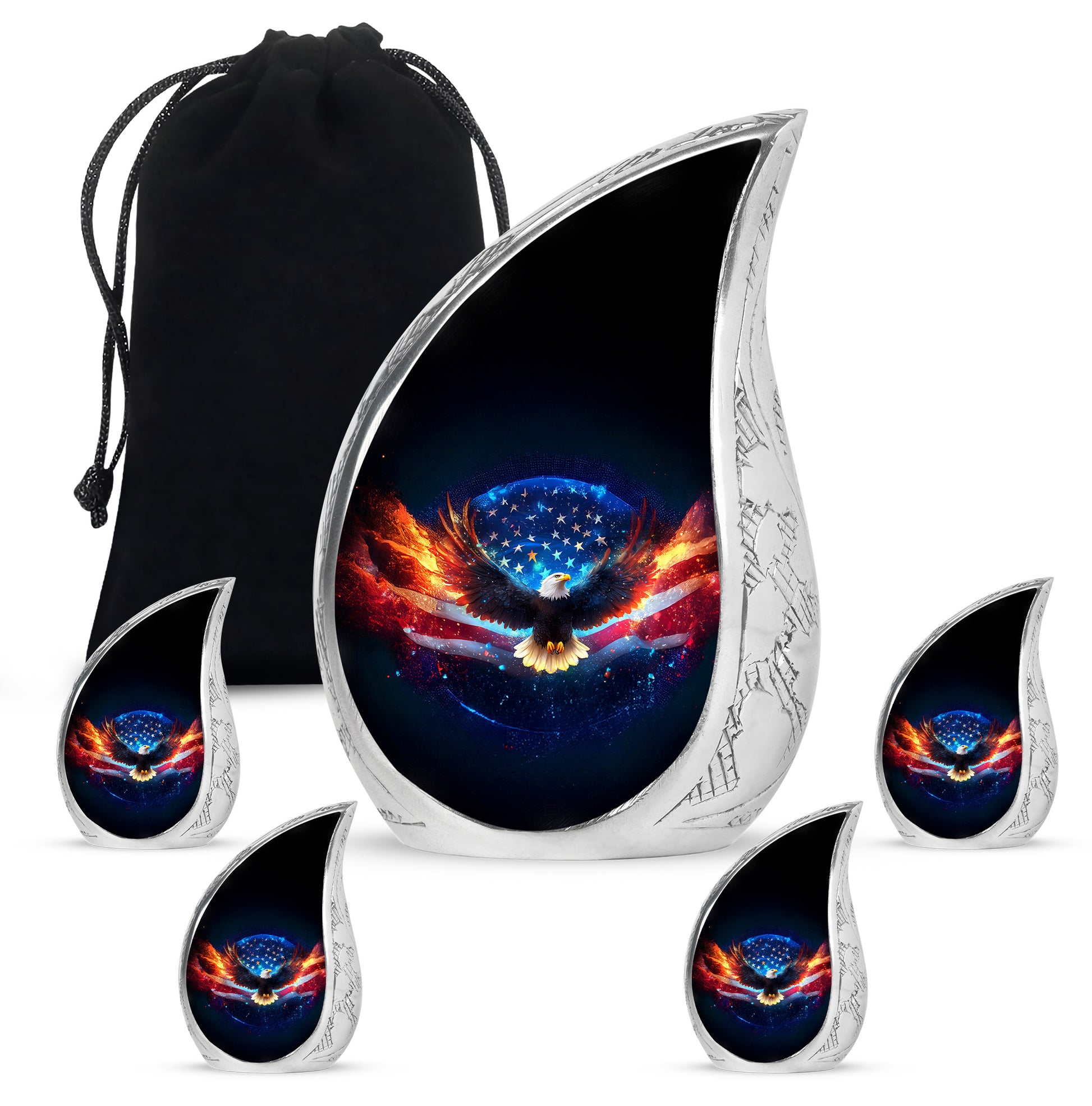 Dark Black Eagle Cremation Urn side profile showing urn shape - smooth teardrop contour featuring eagle art - memorial set with one large and four small urns
