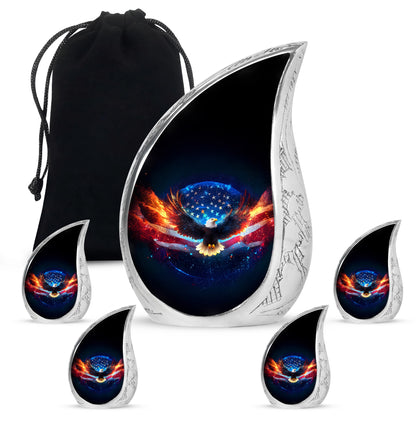 Dark Black Eagle Cremation Urn side profile showing urn shape - smooth teardrop contour featuring eagle art - memorial set with one large and four small urns