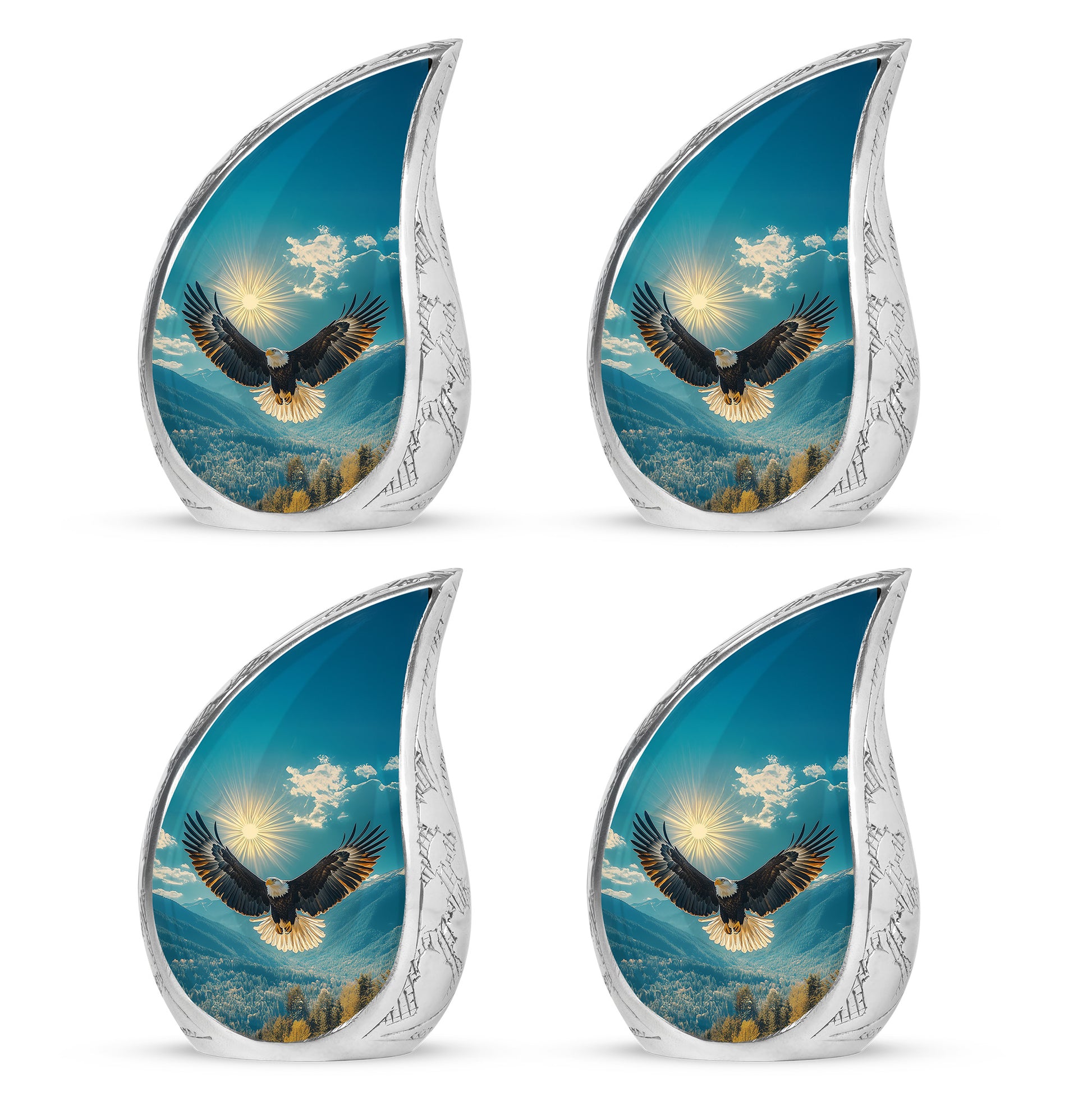 Sea Green Teal Eagle Cremation Urn close-up of engraving and surface detail - rounded teardrop eagle design with delicate detail - 10 inch aluminum urn for cremated remains