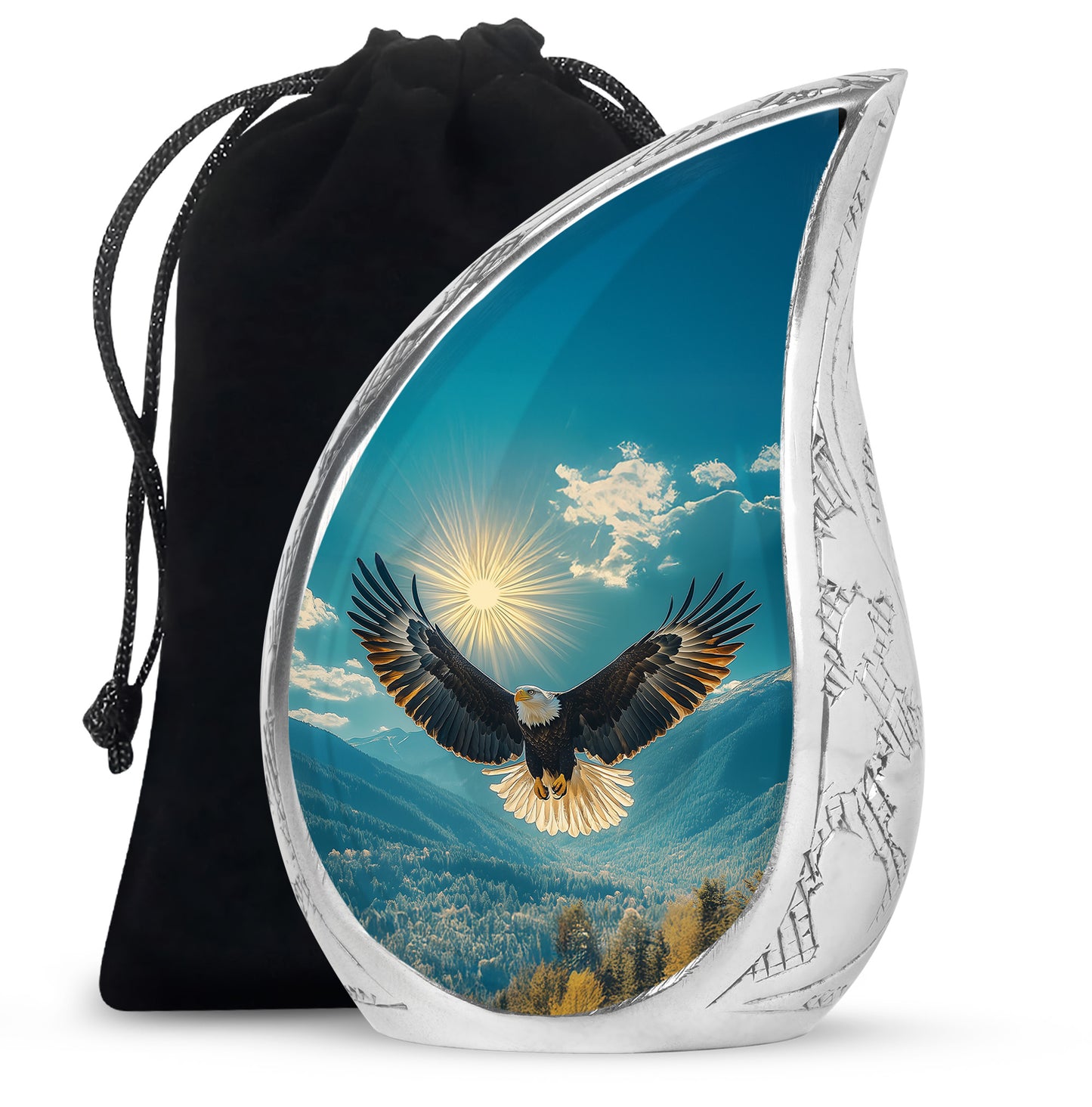 Mystic Teal Eagle Cremation Urn front view showing detailed design - graceful tear-shaped urn with eagle motif - full-size 10 inch 200 cubic inch adult cremation urn