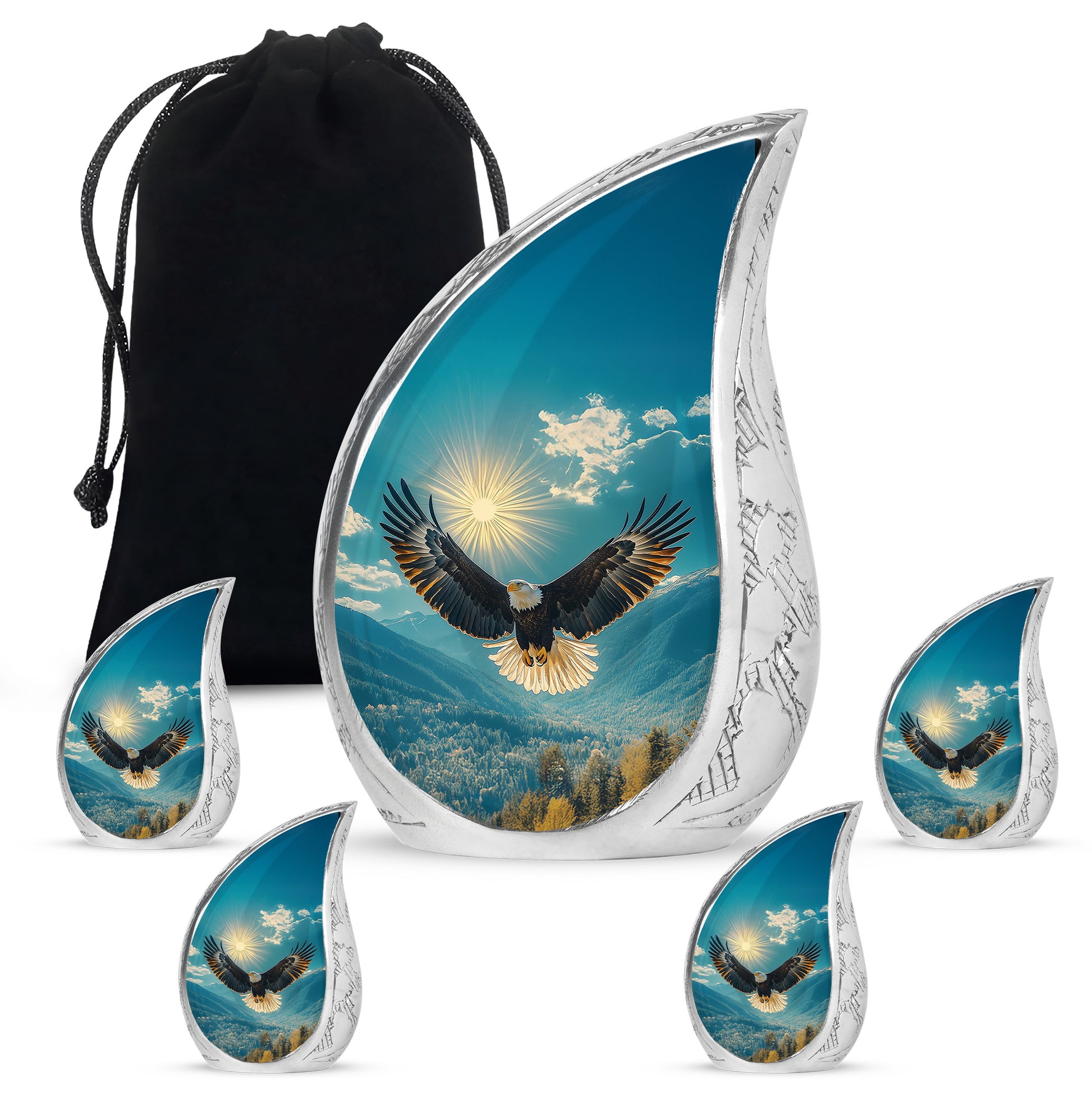 Sea Green Teal Eagle Cremation Urn side profile showing urn shape - flowing teardrop eagle silhouette on curved aluminum - memorial set with one large and four small urns
