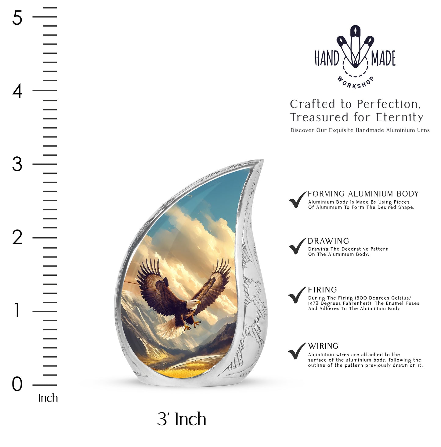 Cornflower Blue Eagle Cremation Urn angled view of lid and engraved motif - graceful tear-shaped urn with eagle motif - mini keepsake memorial for portion of cremation ashes