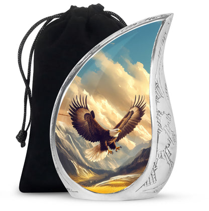 Calming Blue Eagle Cremation Urn front view showing detailed design - graceful tear-shaped urn with eagle motif - full-size 10 inch 200 cubic inch adult cremation urn