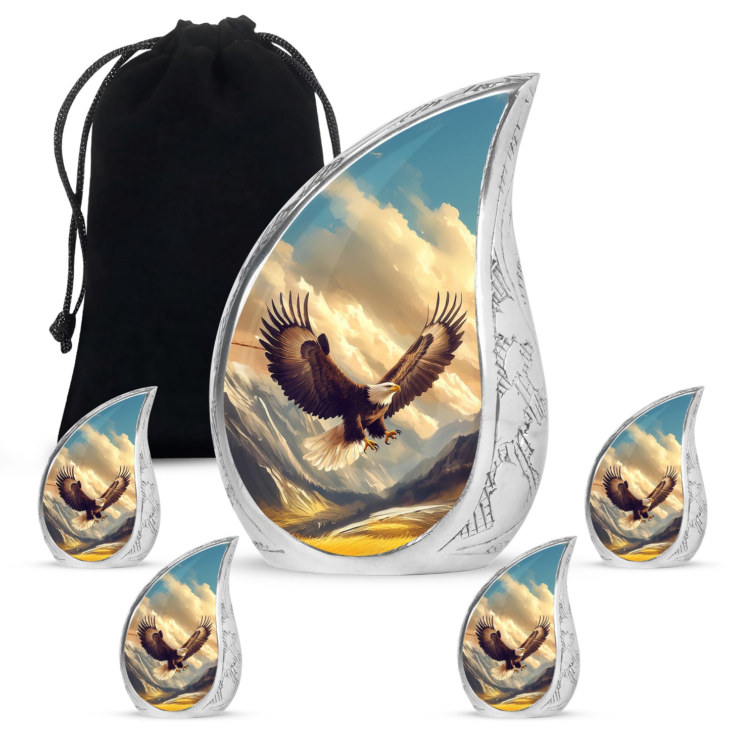 Royal Blue Eagle Cremation Urn side profile showing urn shape - smooth teardrop contour featuring eagle art - memorial set with one large and four small urns