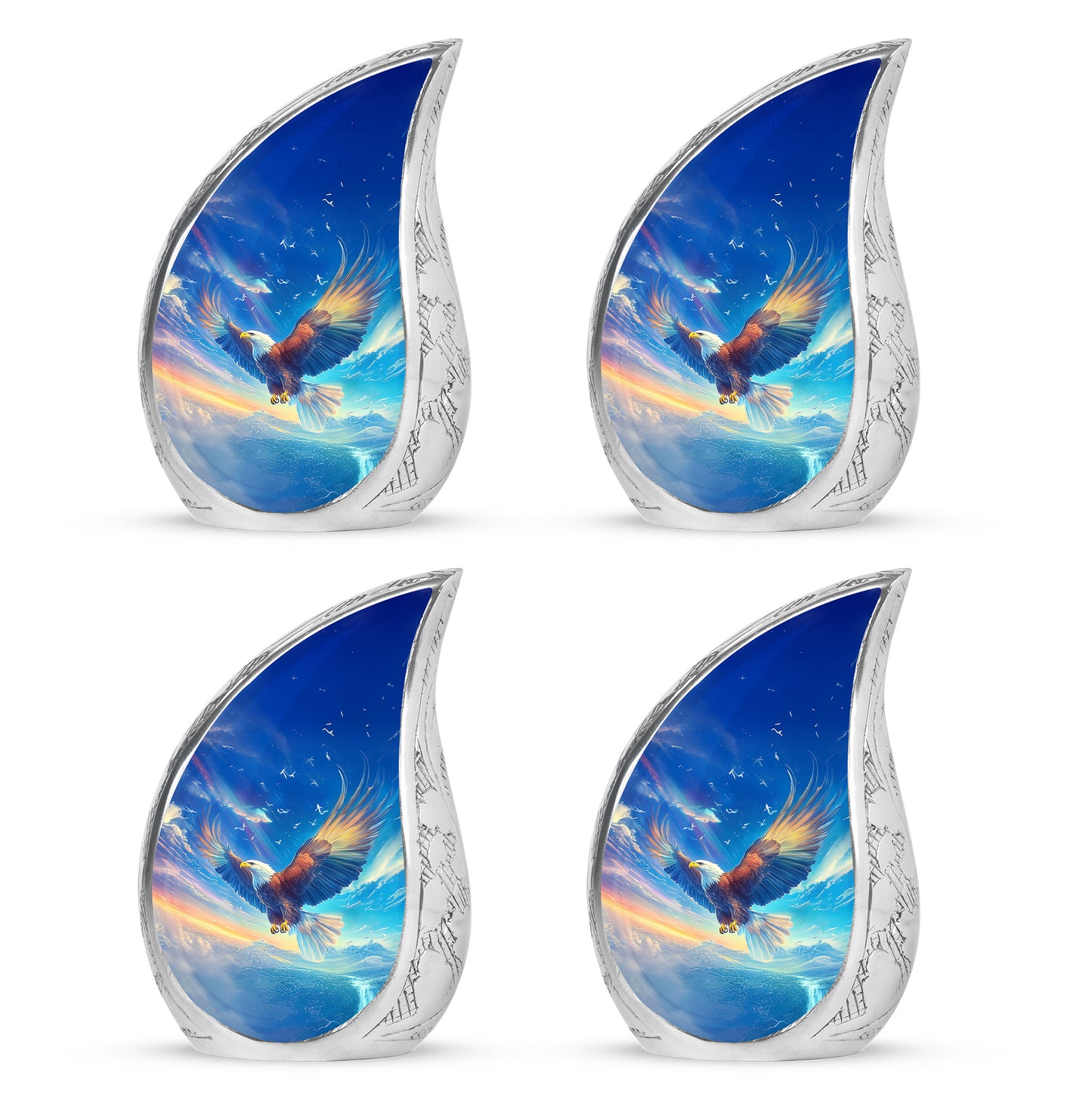 Slate Blue Eagle Cremation Urn close-up of engraving and surface detail - flowing teardrop eagle silhouette on curved aluminum - 10 inch aluminum urn for cremated remains