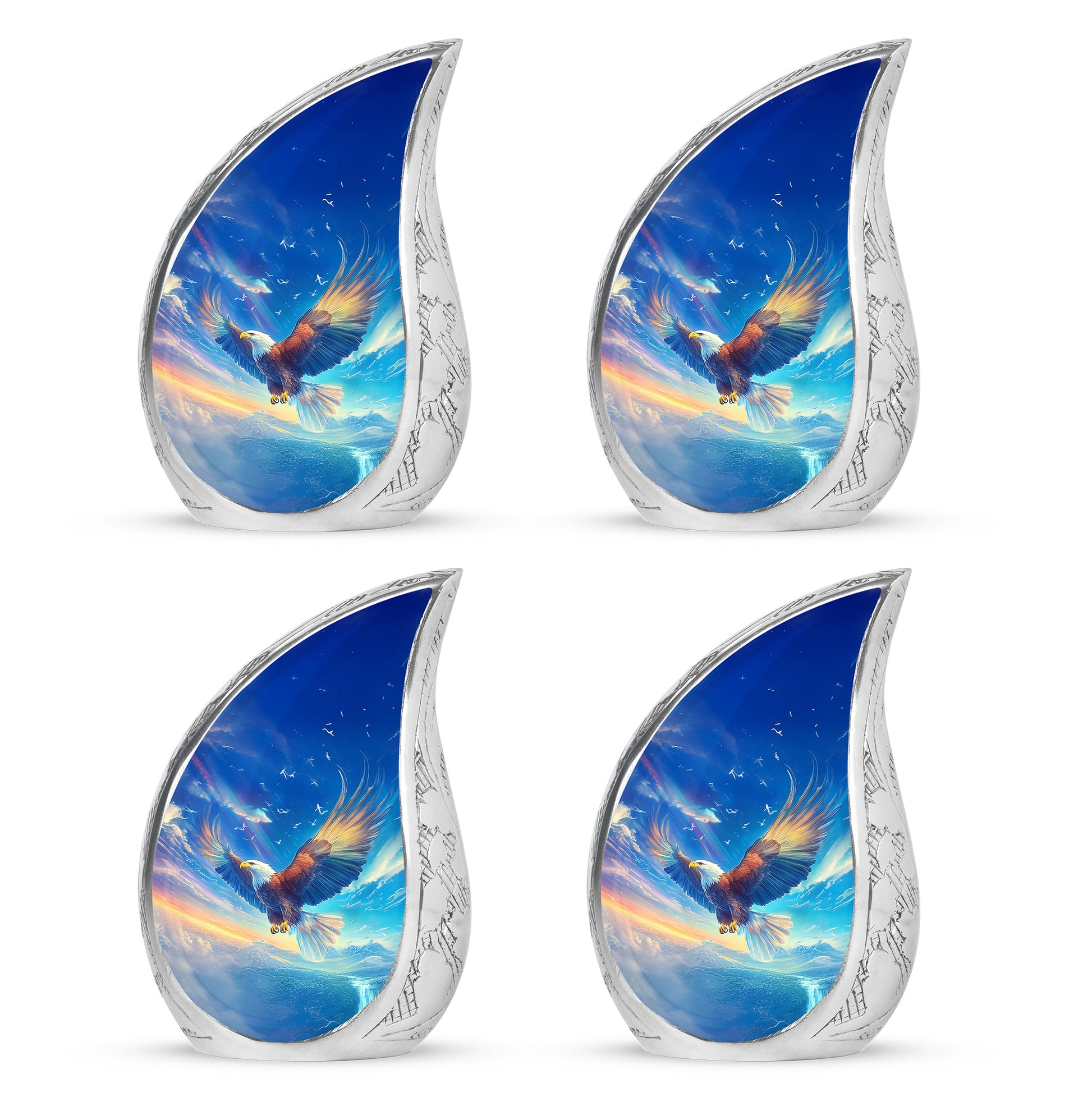 Slate Blue Eagle Cremation Urn close-up of engraving and surface detail - flowing teardrop eagle silhouette on curved aluminum - 10 inch aluminum urn for cremated remains