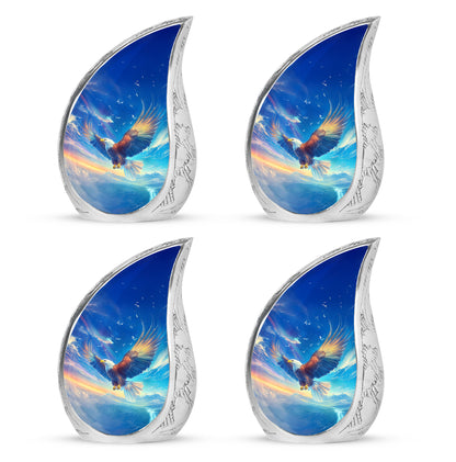 Slate Blue Eagle Cremation Urn close-up of engraving and surface detail - flowing teardrop eagle silhouette on curved aluminum - 10 inch aluminum urn for cremated remains