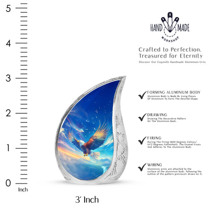 Dusty Blue Eagle Cremation Urn angled view of lid and engraved motif - rounded teardrop eagle design with delicate detail - mini keepsake memorial for portion of cremation ashes