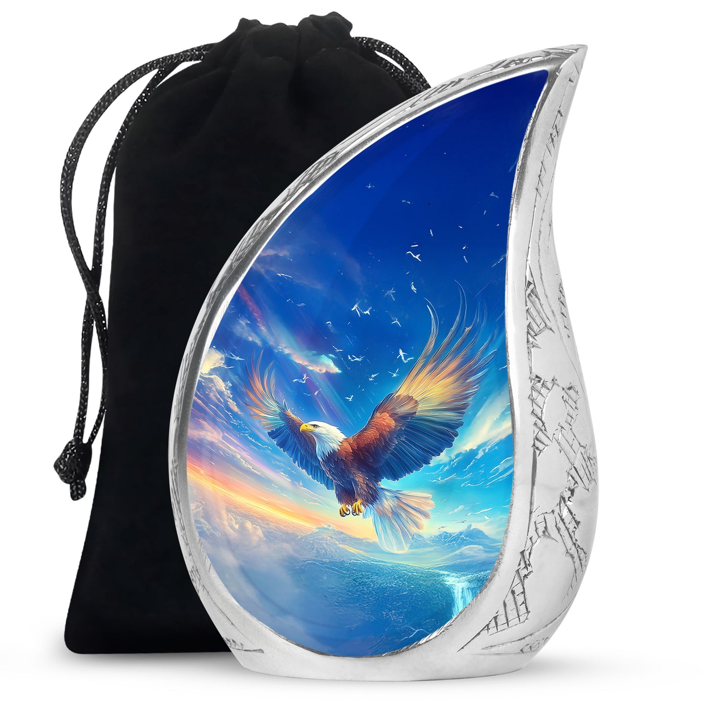Azure Eagle Cremation Urn front view showing detailed design - rounded teardrop eagle design with delicate detail - full-size 10 inch 200 cubic inch adult cremation urn