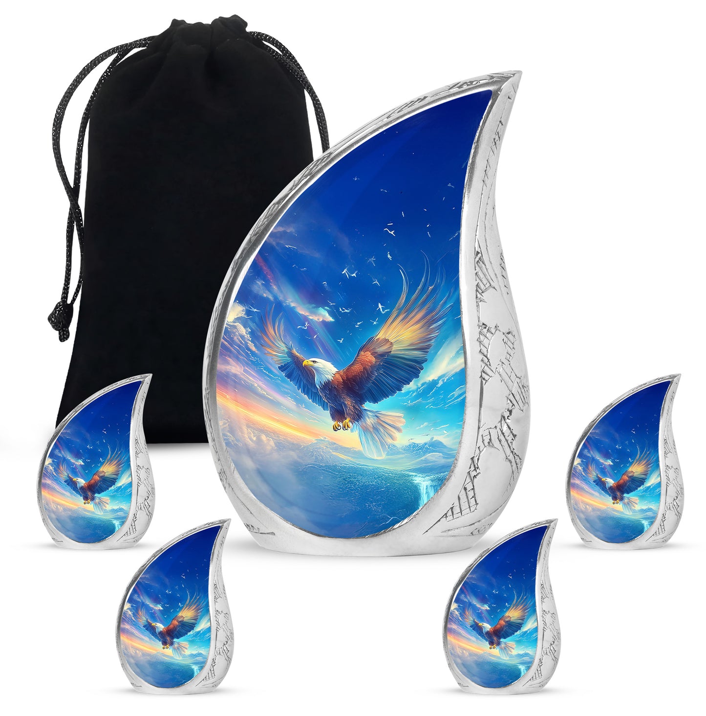 Icy Blue Eagle Cremation Urn side profile showing urn shape - flowing teardrop eagle silhouette on curved aluminum - memorial set with one large and four small urns
