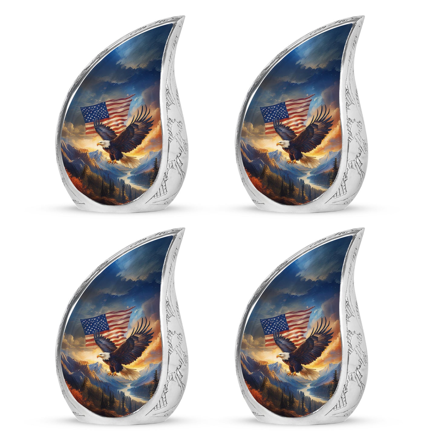 Vivid Blue Eagle Cremation Urn close-up of engraving and surface detail - graceful tear-shaped urn with eagle motif - 10 inch aluminum urn for cremated remains
